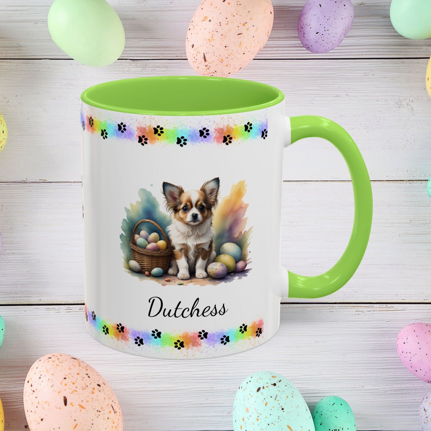 Papillon Brown & White Easter puppy coffee mug, personalized cute dog gift for mental health awareness and comfort
