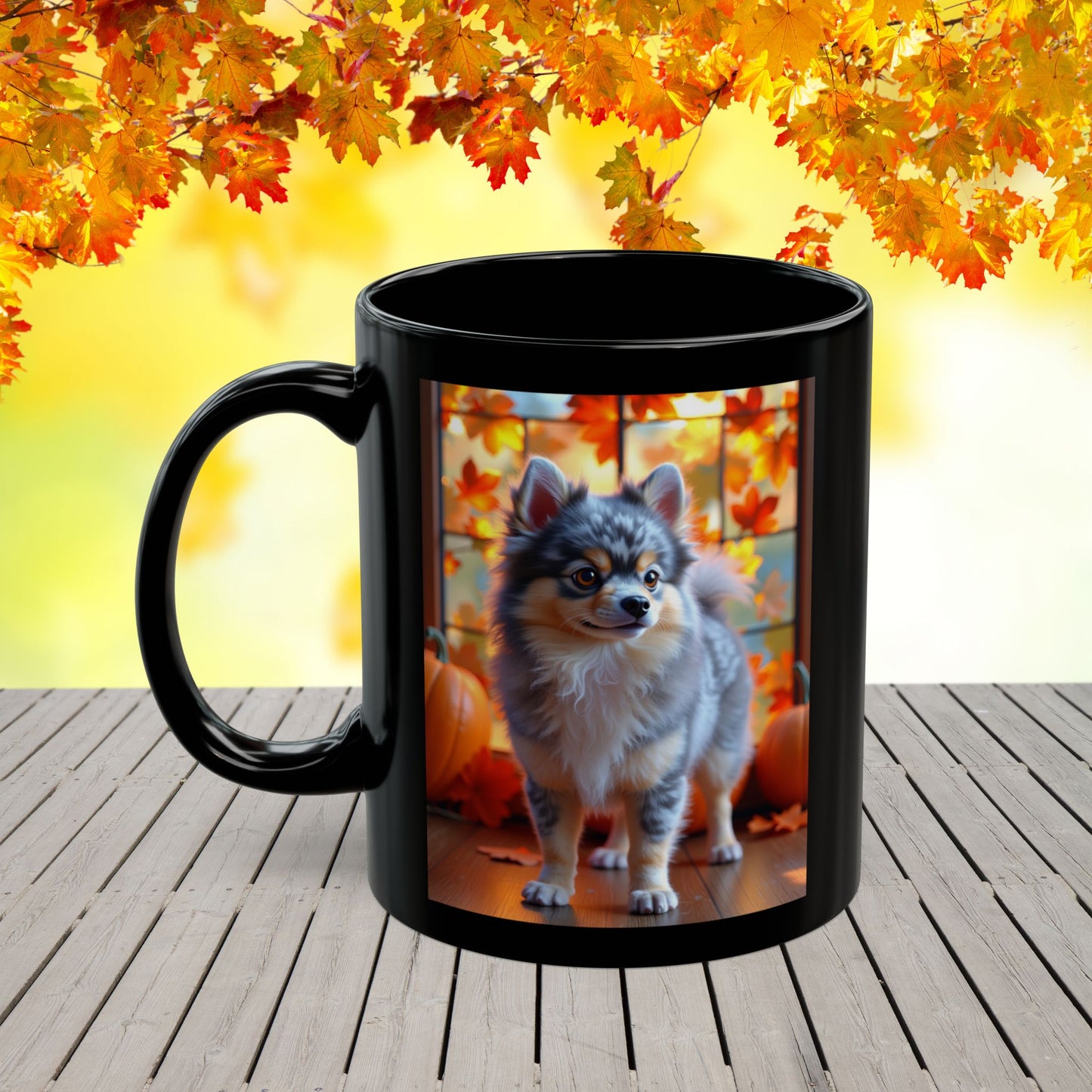 Blue Merle & Tan Pomeranian fall coffee mug, personalized gift for dog lovers and cozy autumn days