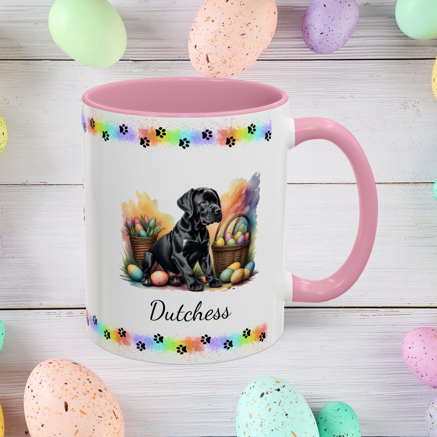 Great Dane Black Easter puppy coffee mug, personalized cute dog gift for mental health support and cozy sipping