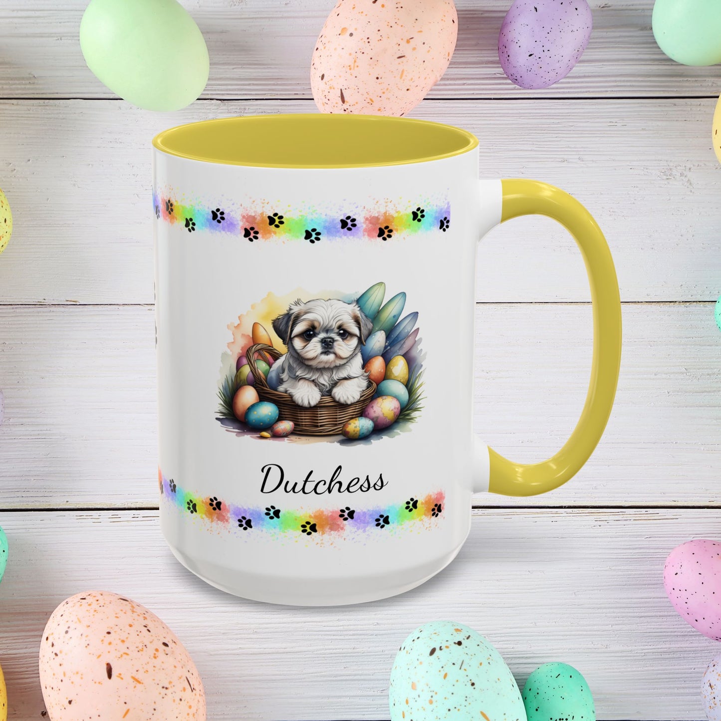 Silver and white Shih Tzu Easter puppy coffee mug, adorable personalized dog gift for comfort, hope, and self-care.