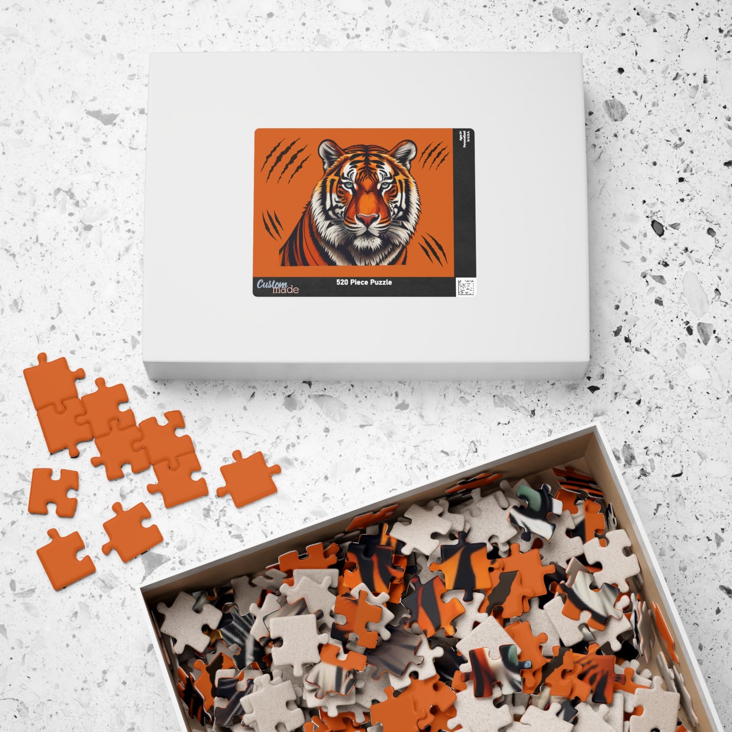 Powerful tiger standing tall in a dynamic pose, captured on a jigsaw puzzle representing bold inner strength