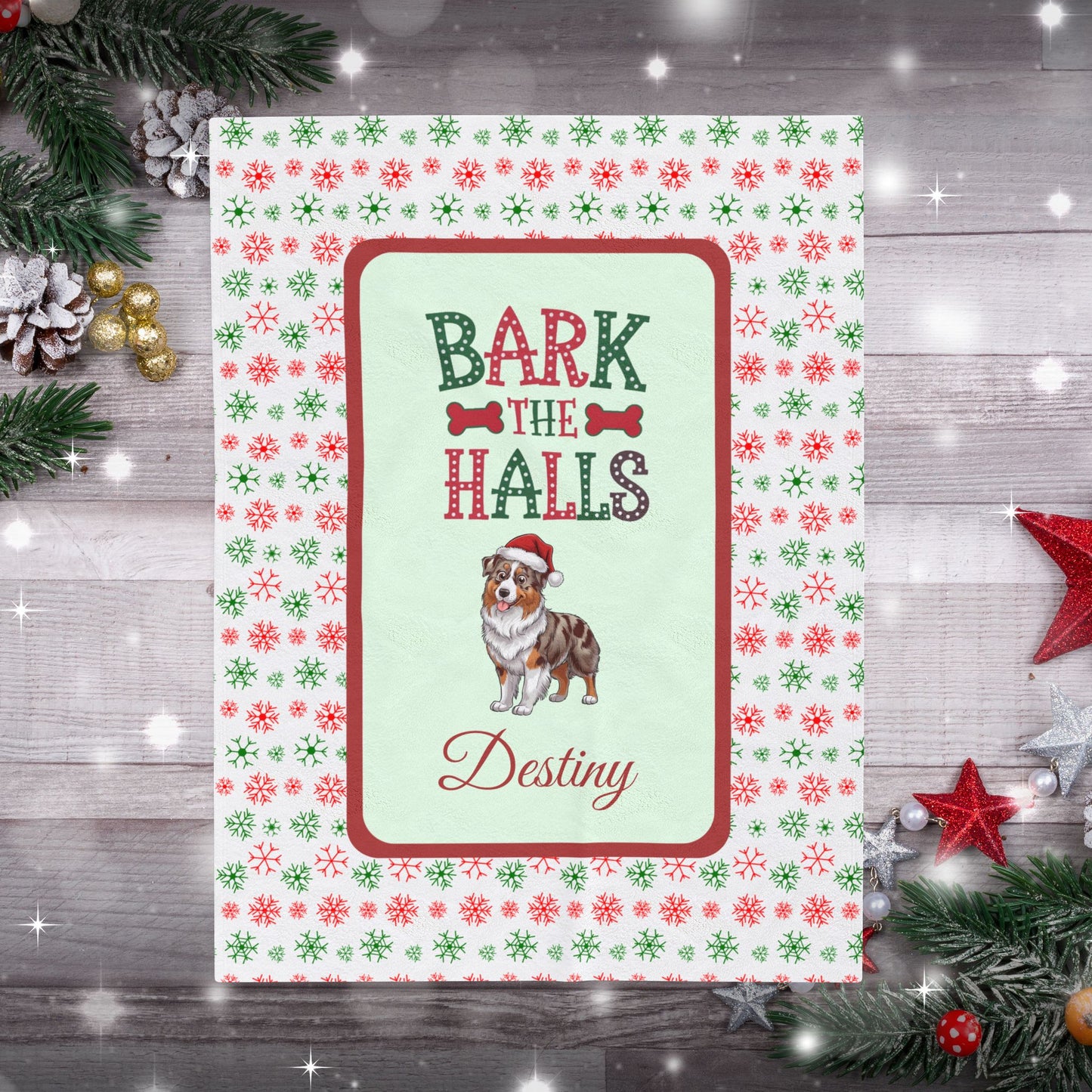 Australian Shepherd Red Merle personalized velveteen dog blanket Bark The Halls festive Christmas throw for Aussie lovers