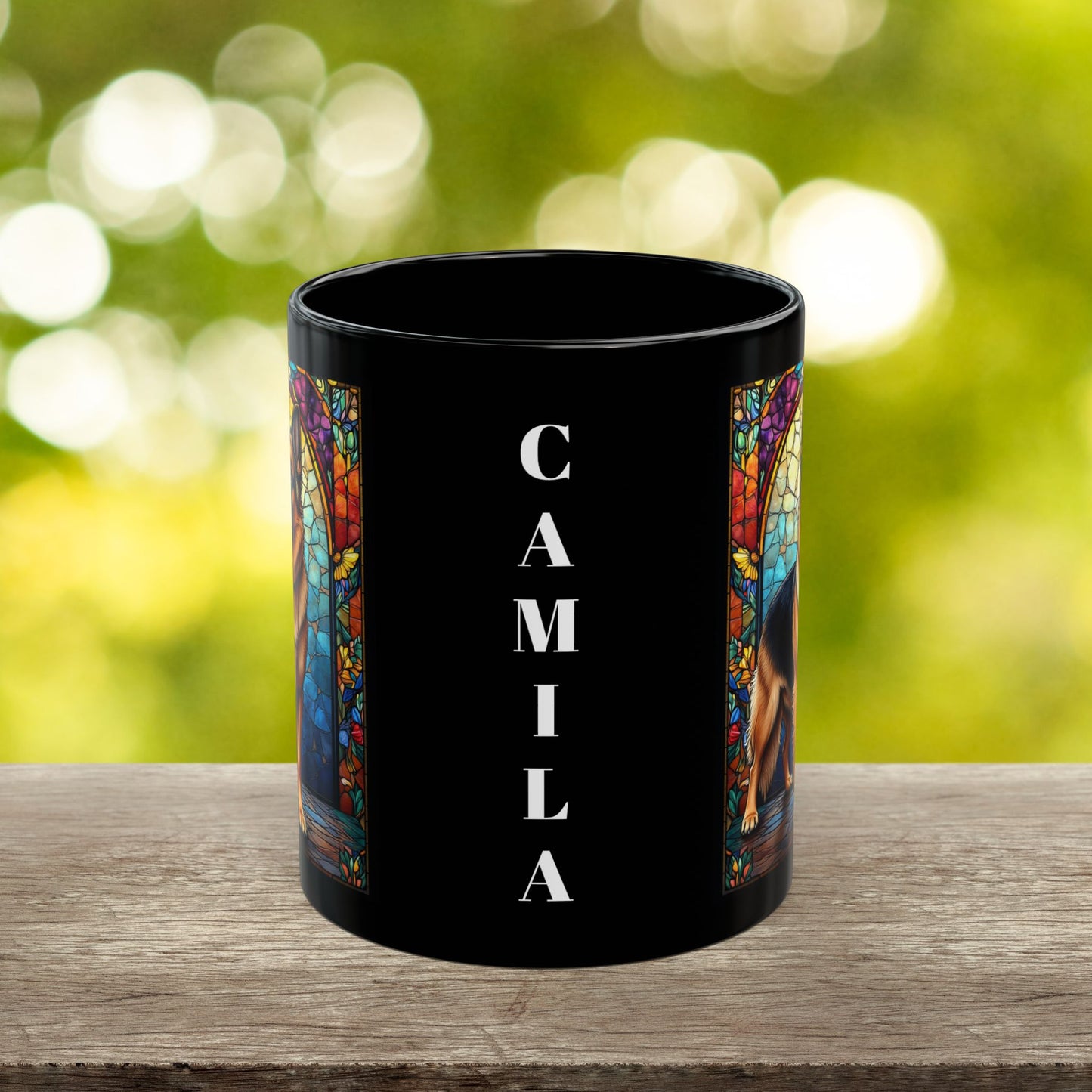 German Shepherd black and tan personalized mug, stained glass dog lover coffee cup, pet parent gift