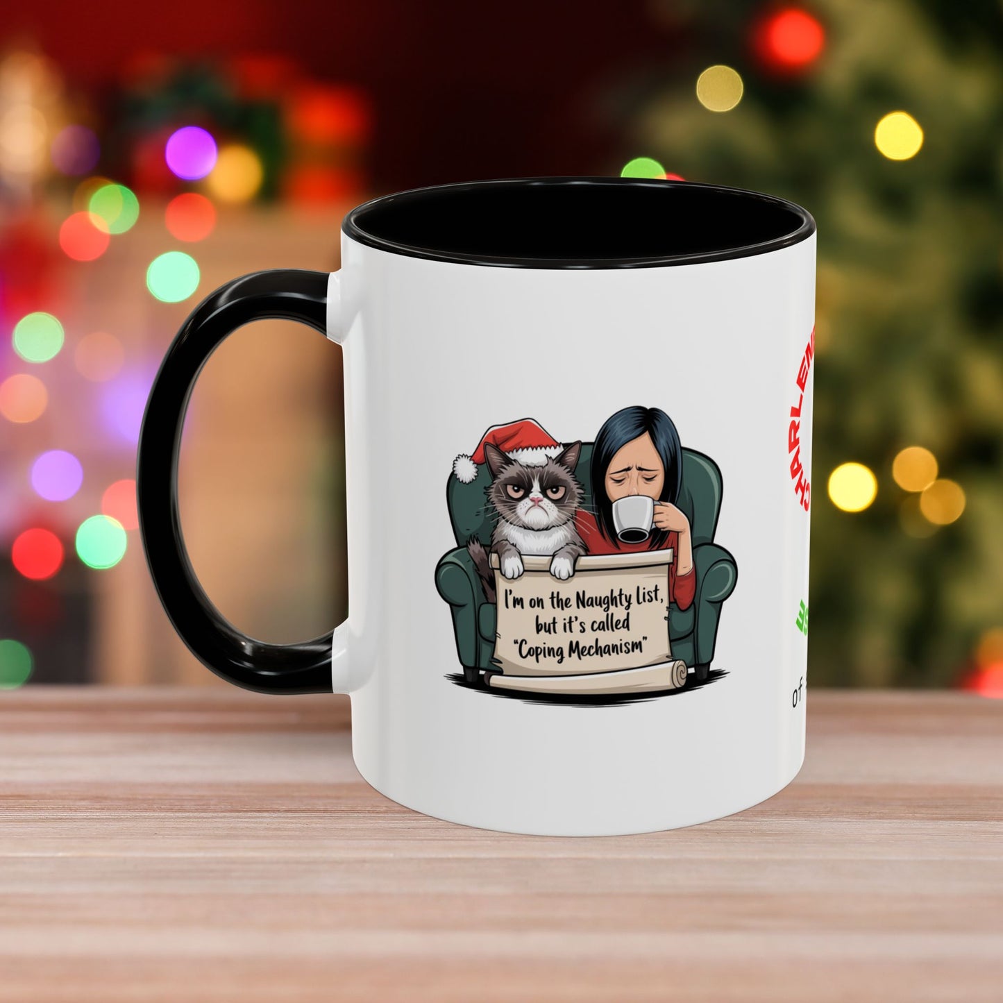 I'm On The Naughty List, But It's Called 'Coping Mechanism' - Christmas Mug with Female and Cat Design and Accent Color