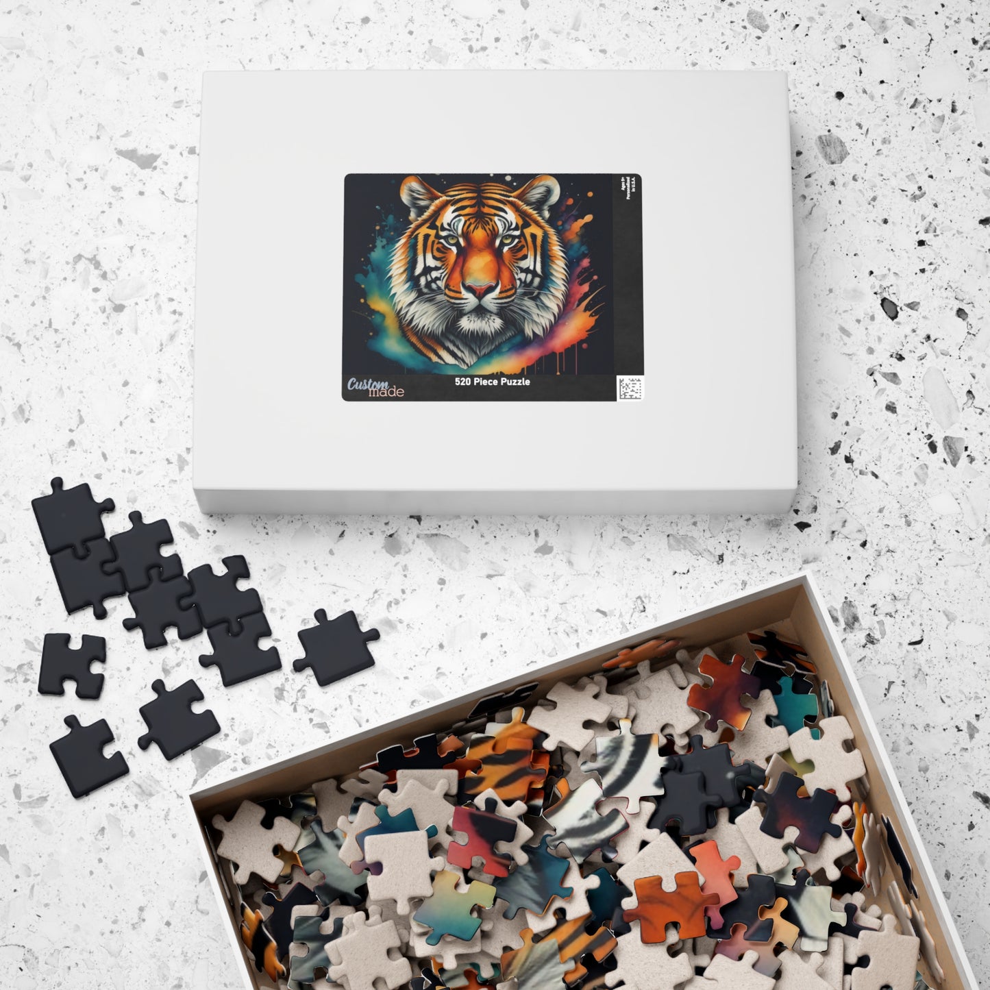 Tiger Tranquility - Front-Facing Tiger Puzzle with Cosmic Teal and Orange Splashes on Dark Background