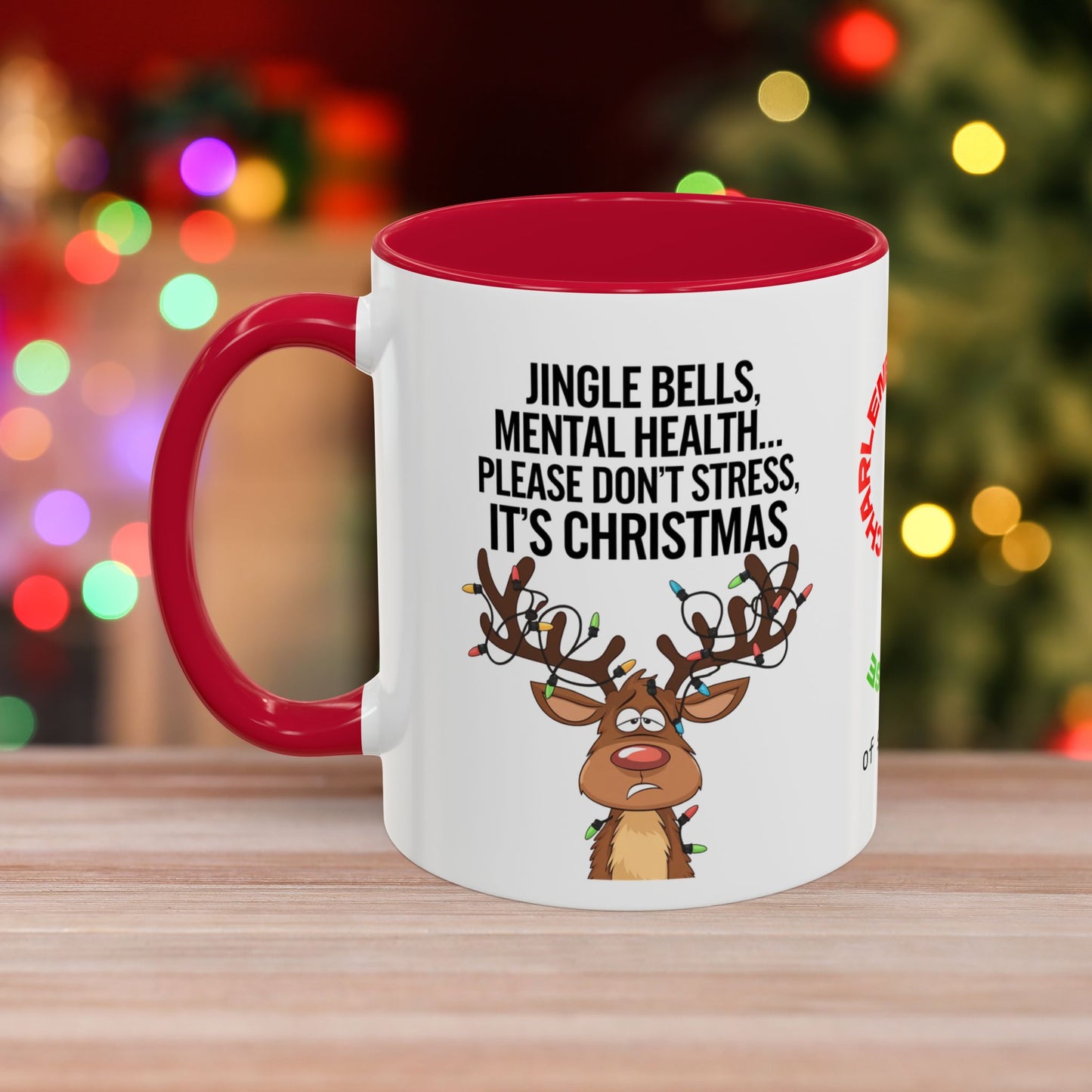 Jingle Bells, Mental Health... Please Don't Stress, It's Christmas - Fun Christmas Mug with Colorful Design and Accent Color