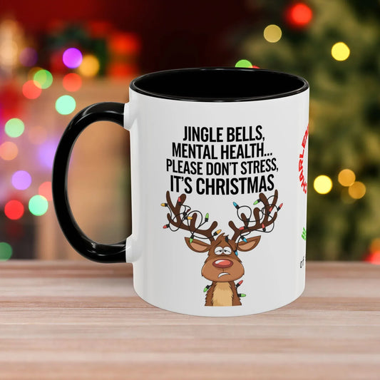 Shop our jingle bells mental health christmas mug featuring the 11oz style option from MySisterIsASurvivor.