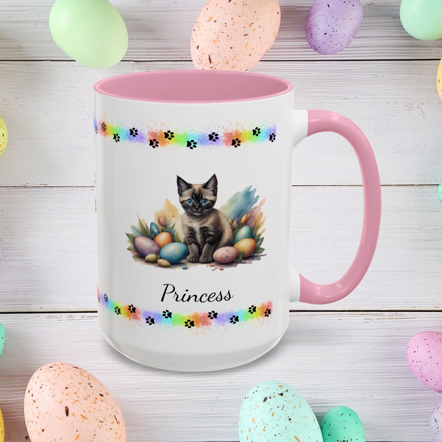 Siamese personalized Easter kitten mug, cute cat coffee cup, gift for mental health support and comfort