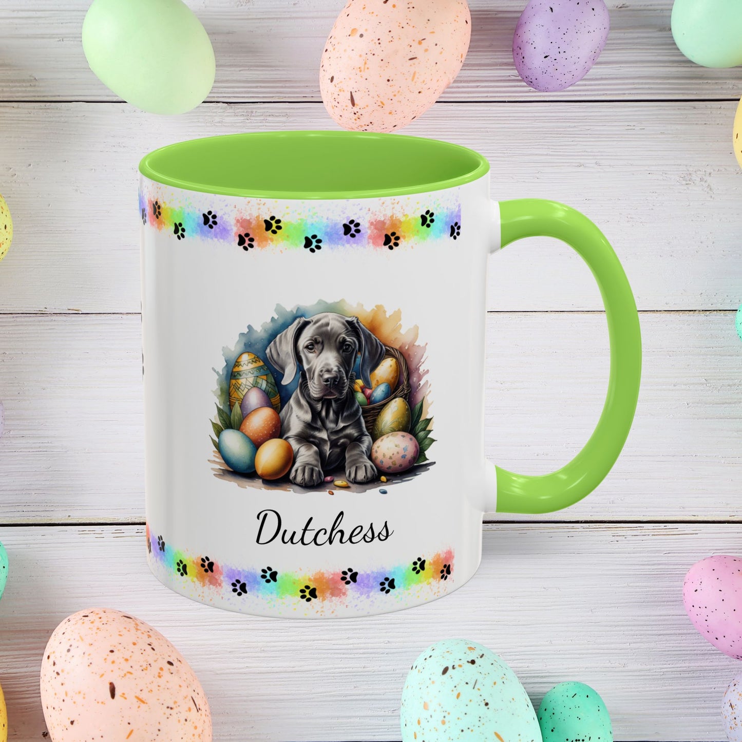 Weimaraner mouse gray Easter puppy coffee mug personalized, charming dog gift for mindfulness and Easter celebration.