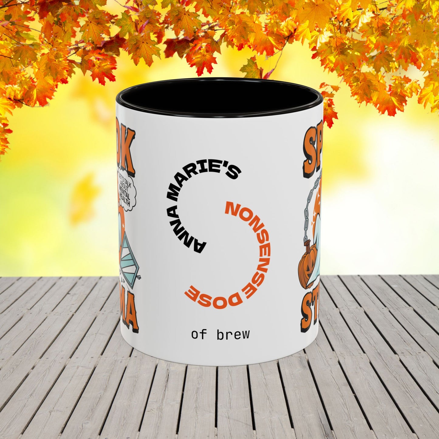 Bold Halloween mug with “Spook the Stigma” message, great for mental health awareness and fighting stigma