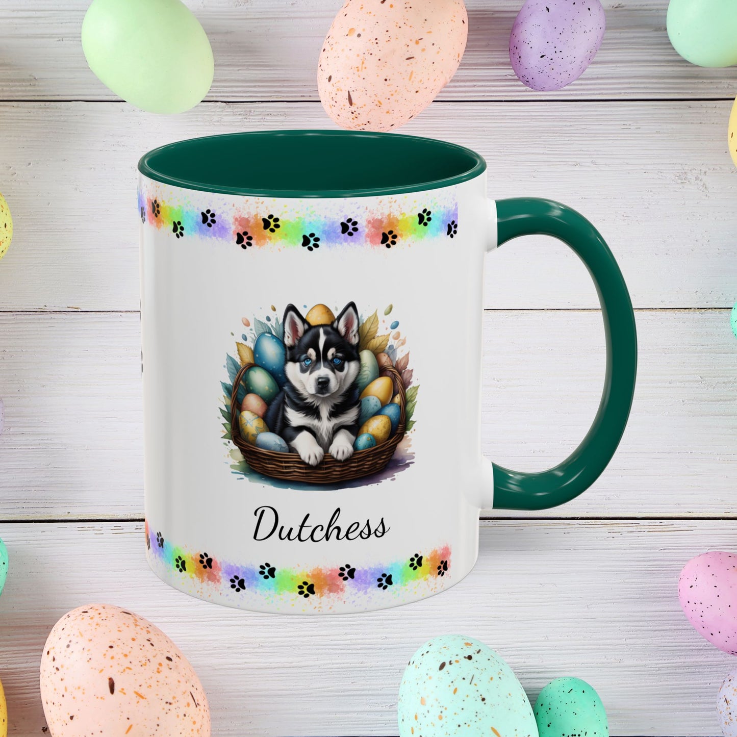 Siberian Husky Easter puppy coffee mug personalized cute dog design, uplifting gift for springtime mental health support.