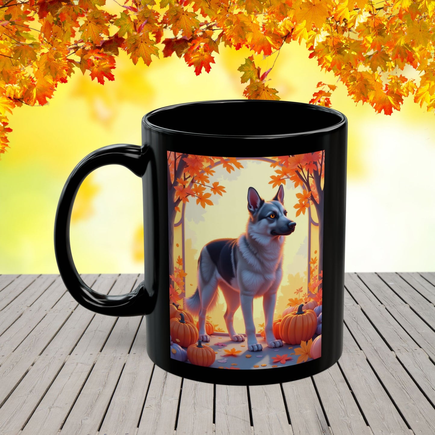 Black & Silver German Shepherd Autumn Personalized Mug - Custom Dog Owner Gift for Cozy Fall Days