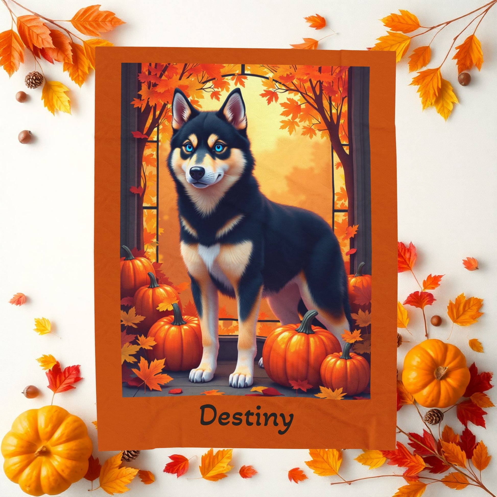 Siberian Husky Black & Tan Coat (Blue Eyes) Velveteen Blanket, Personalized Plush Dog Throw