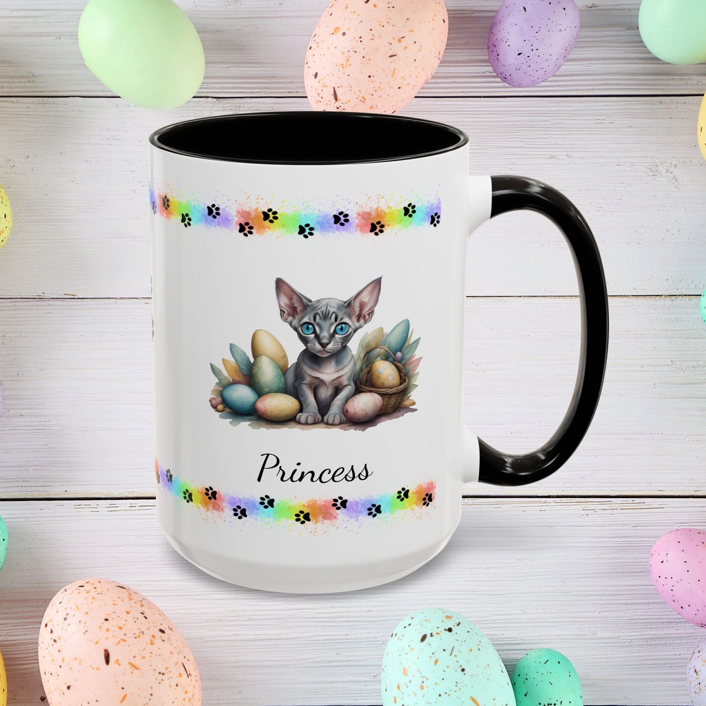 Sphynx personalized Easter coffee mug, adorable kitten design, cute cat gift for mental health support