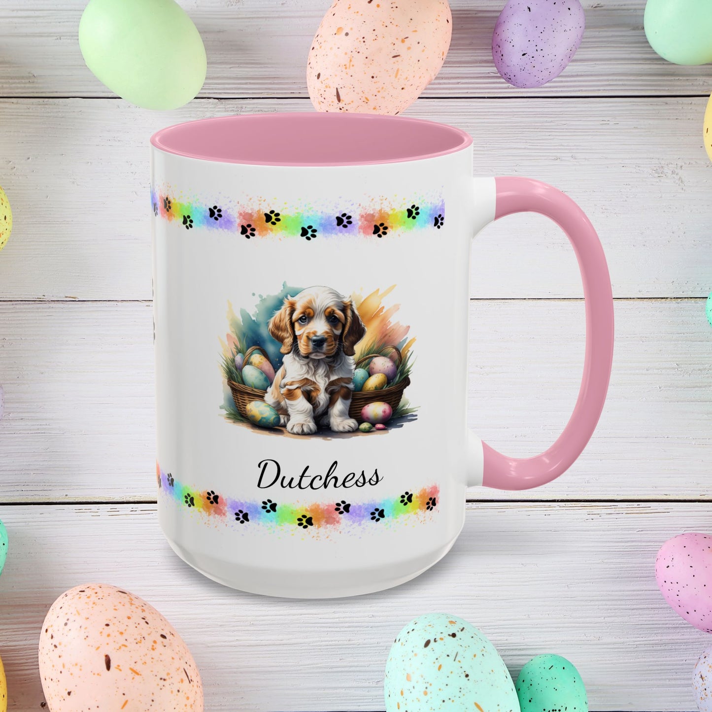 Cocker Spaniel Orange Roan personalized Easter puppy mug, cute dog coffee cup gift for mental health awareness