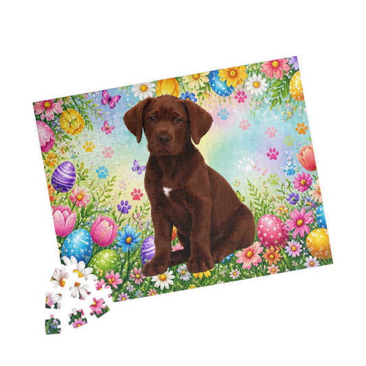Great Dane (Chocolate) Easter Puppy Puzzle - Spring Garden with Eggs, Tulips, and Daisies