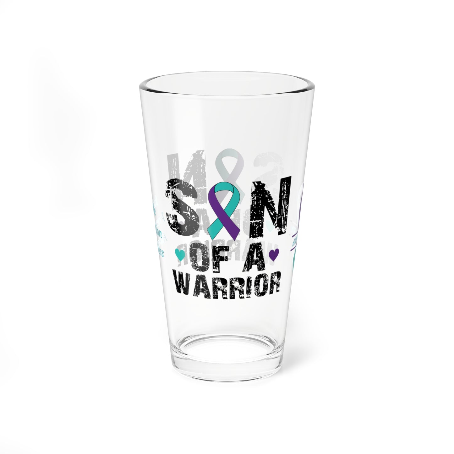 Son of a Warrior: Personalized Suicide Prevention Awareness Warrior Pint Glass - Proud Family Member