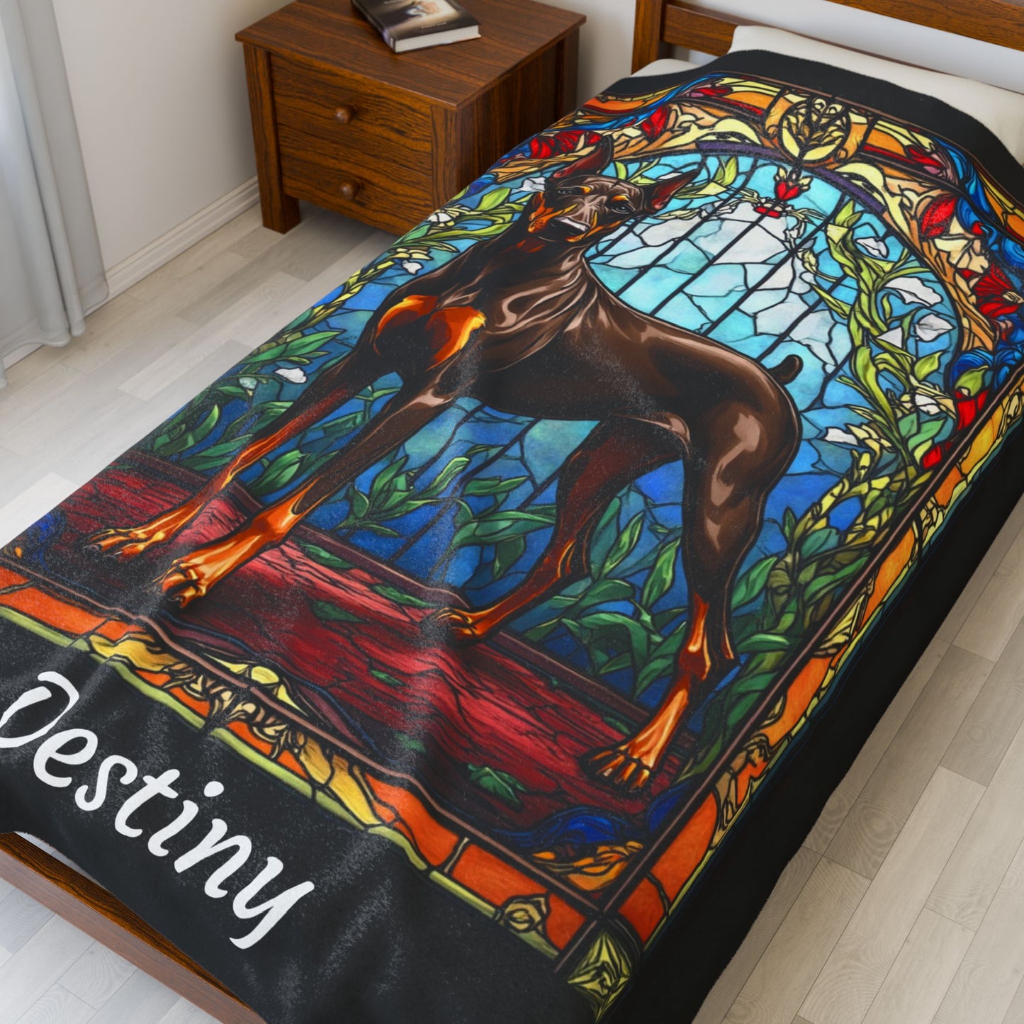 Doberman red and rust velveteen blanket, stained glass dog throw, personalized pet lover gift - MySisterIsASurvivor