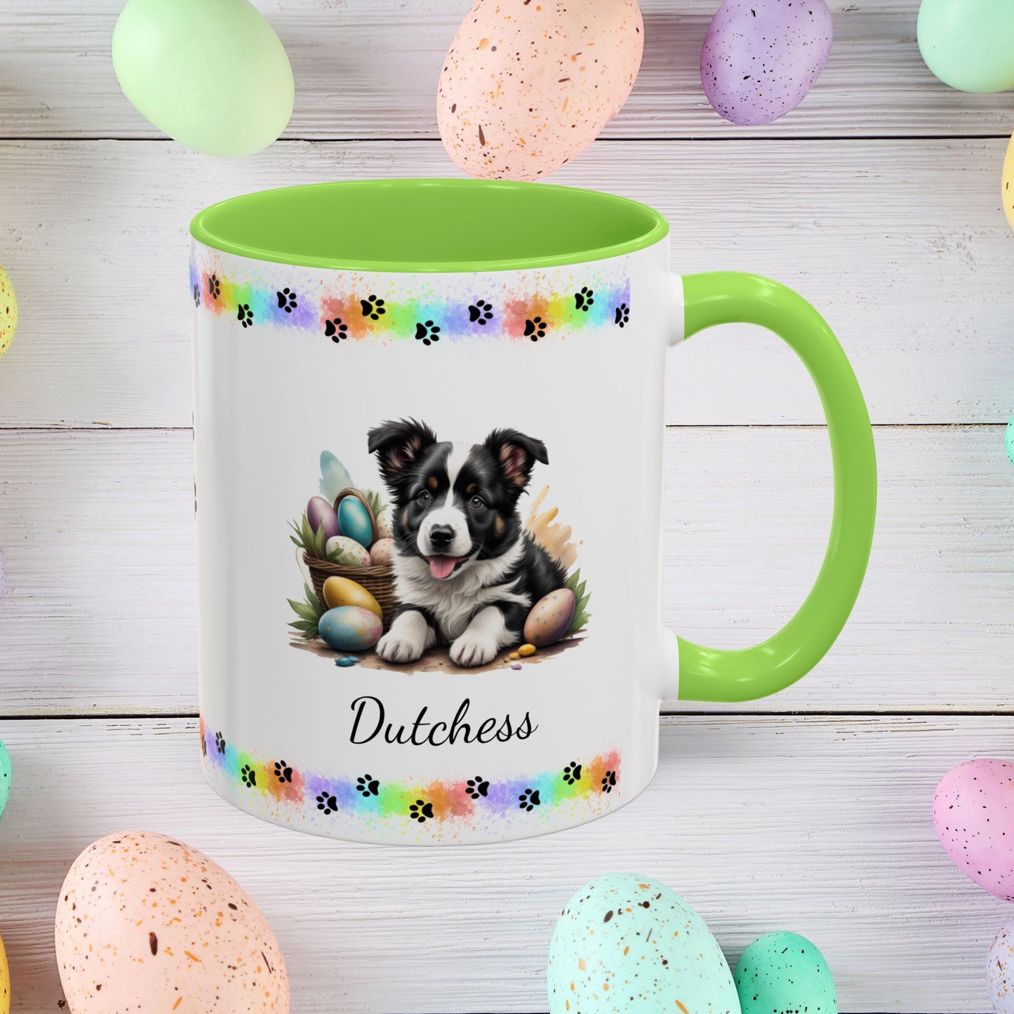 Border Collie Black & White Easter puppy coffee mug, personalized cute dog gift for mental health support
