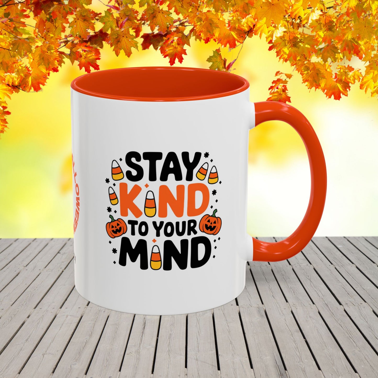 Custom Halloween mug with “Stay Kind to Your Mind” quote, personalized mental wellness gift for everyday encouragement.