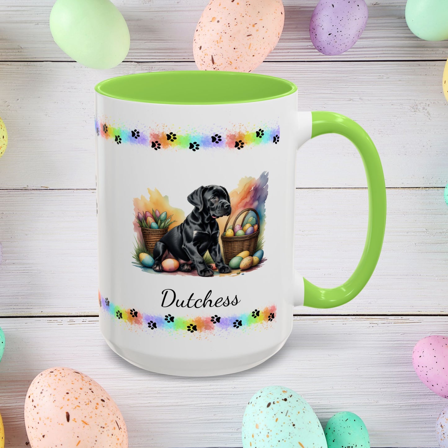 Great Dane Black Easter puppy coffee mug, personalized cute dog gift for mental health support and cozy sipping