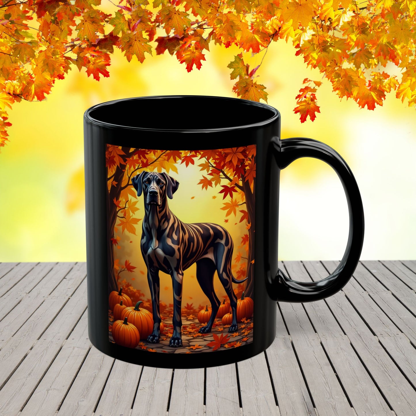 Great Dane Brindle - Autumn mug, custom fall coffee cup for gentle giant dog lovers