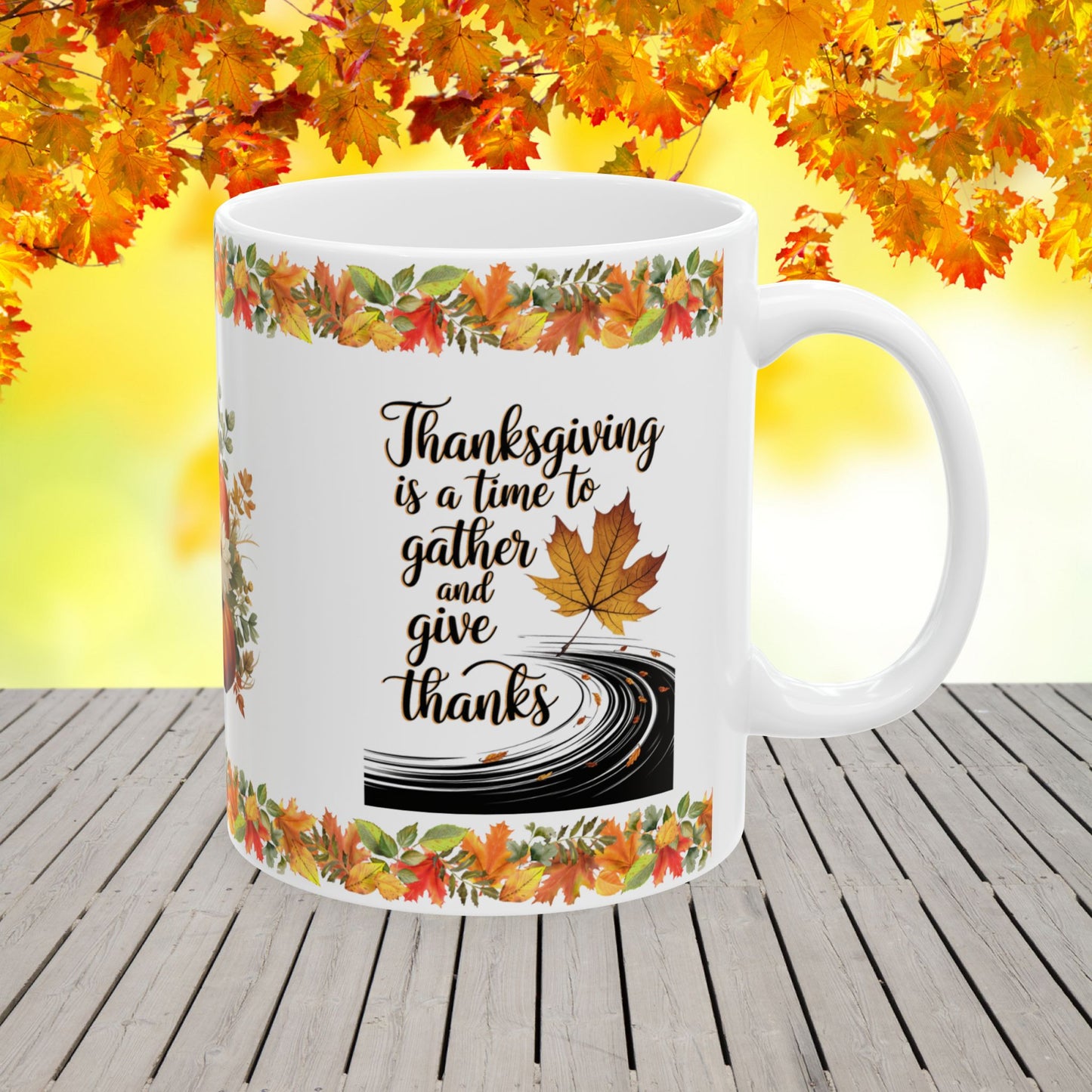 Ceramic Mug for Thanksgiving with "Gather and Give Thanks Together" Message for Family Moments