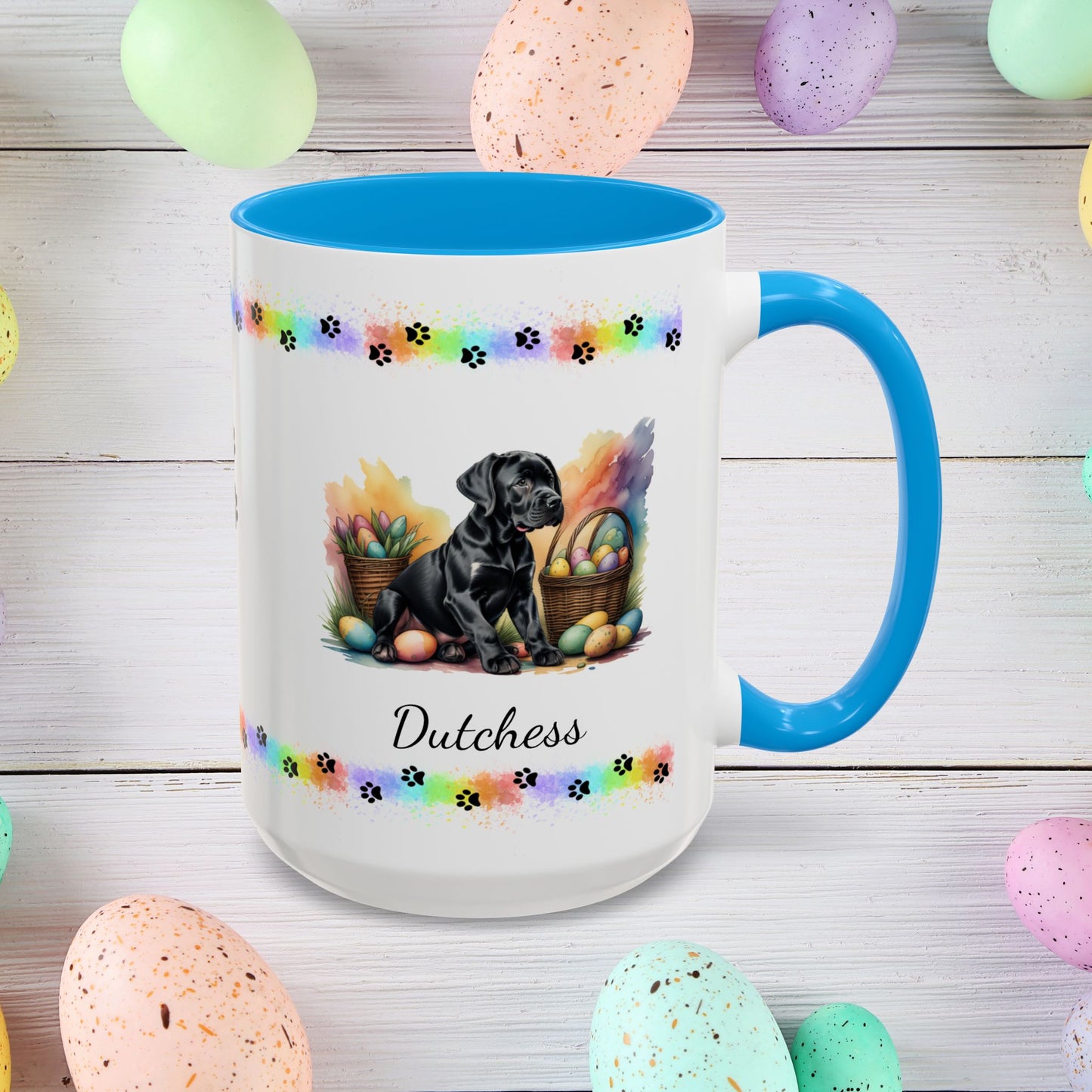 Great Dane Black Easter puppy coffee mug, personalized cute dog gift for mental health support and cozy sipping