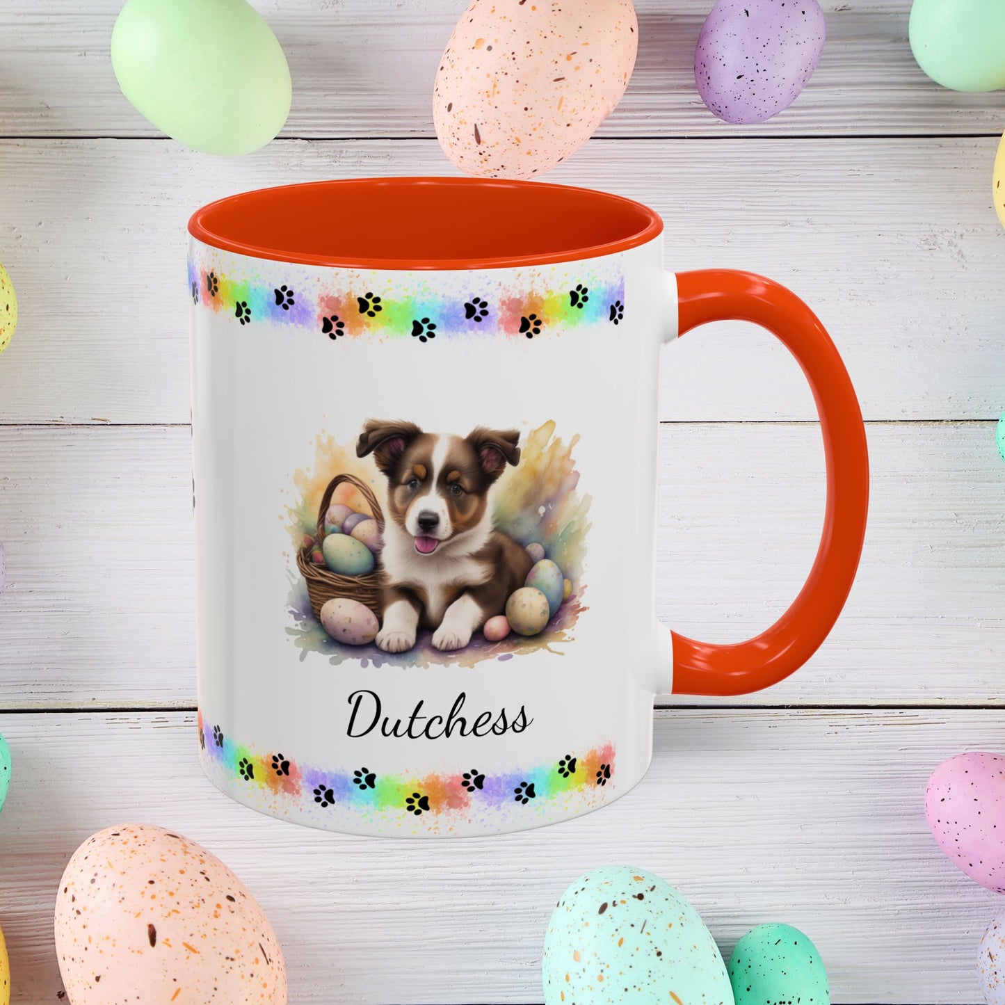 Border Collie Brown & White personalized Easter puppy mug, cute dog coffee cup, mental health awareness gift