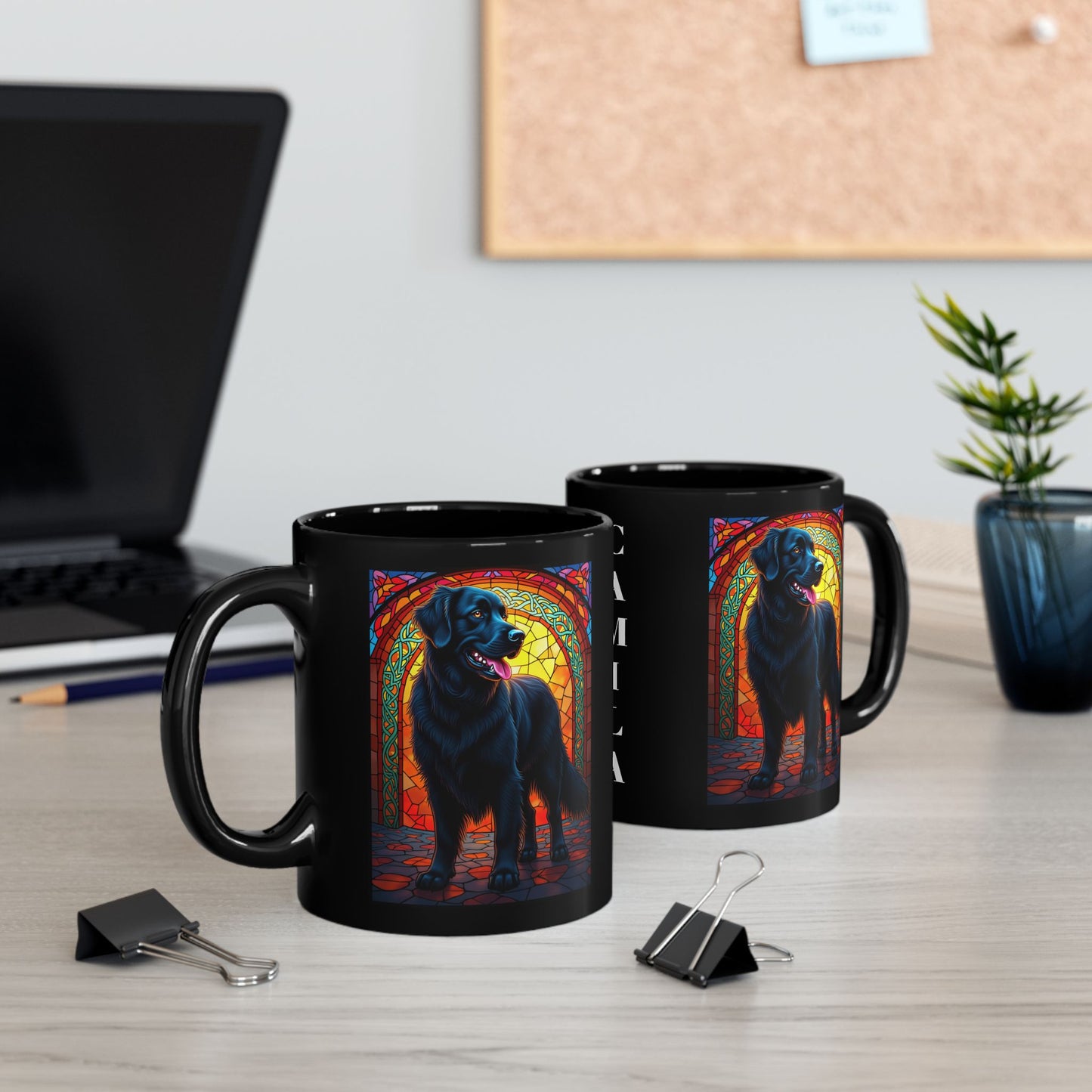 Black Golden Retriever personalized stained glass mug with custom dog name, unique gift for Golden lovers