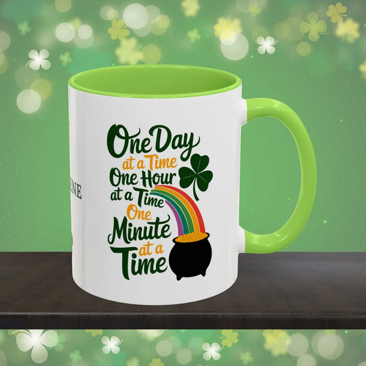 Shop our one day at a time one hour at a time one minute at a time st patricks day ceramic mug featuring the 11oz style option from MySisterIsASurvivor.
