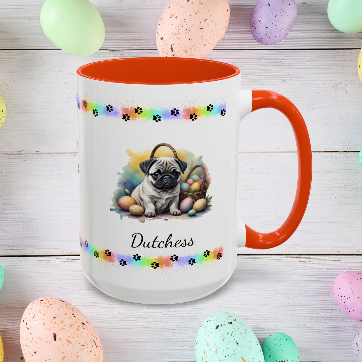 Sweet Pug Easter puppy coffee mug personalized for dog lovers, uplifting mental health and spreading Easter cheer.