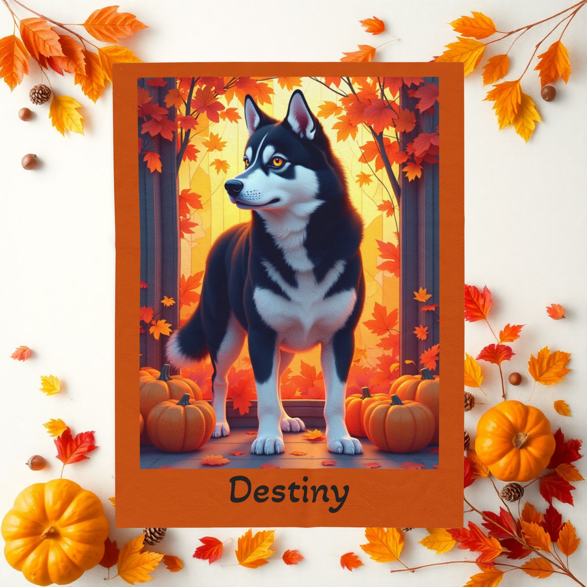 Siberian Husky Black & White Coat (Amber Eyes) Velveteen Blanket, Custom Dog Lover Throw