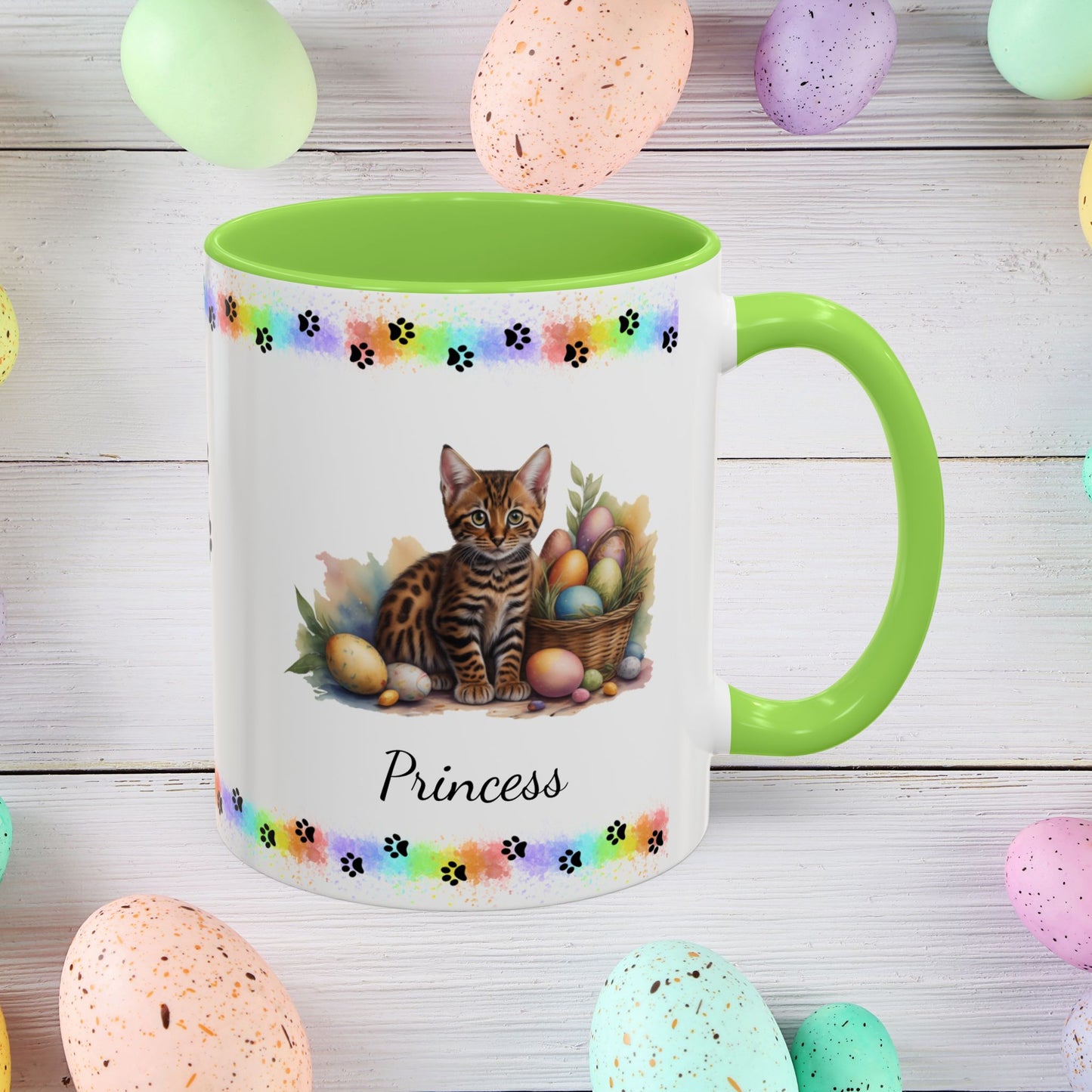 Bengal personalized Easter coffee mug, adorable kitten design, cute cat gift for mental health awareness and comfort