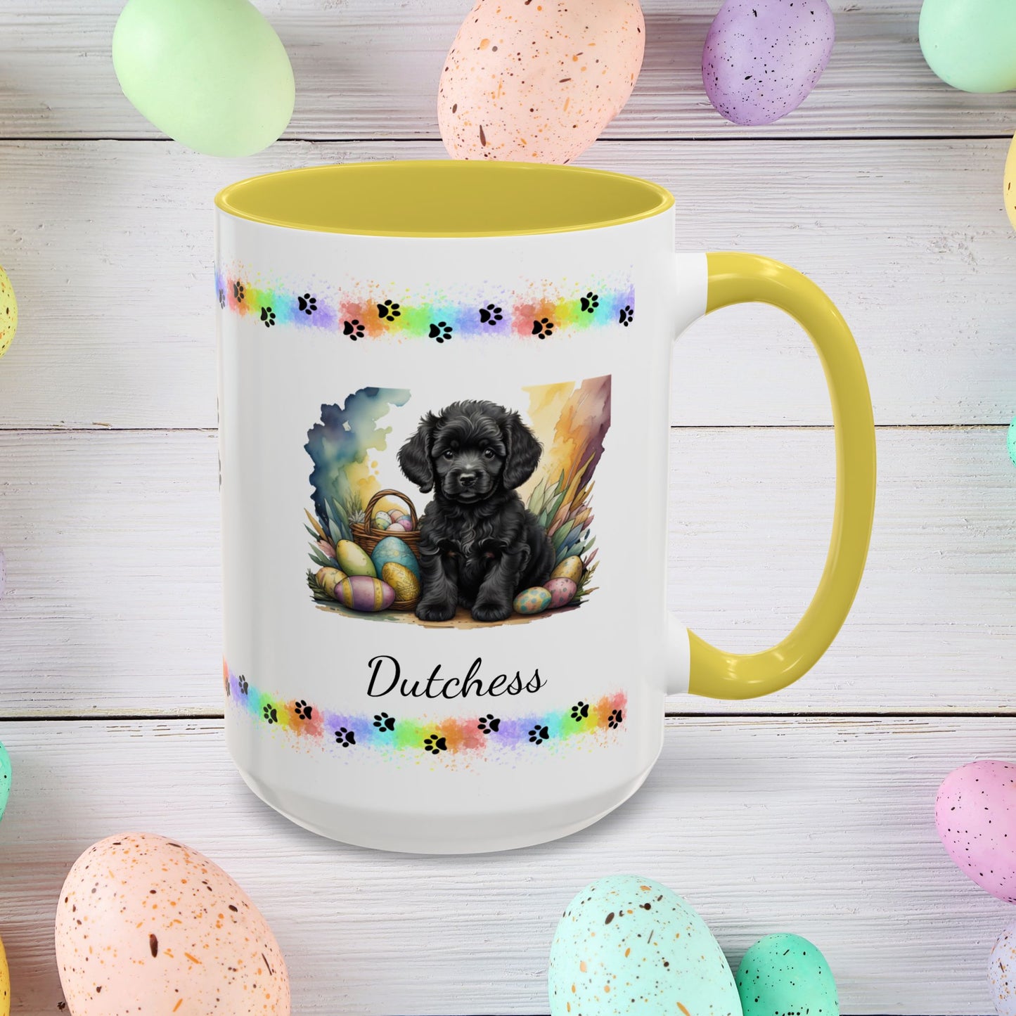 Adorable black Poodle Easter puppy coffee mug personalized dog gift, perfect for mental health awareness and spring joy.