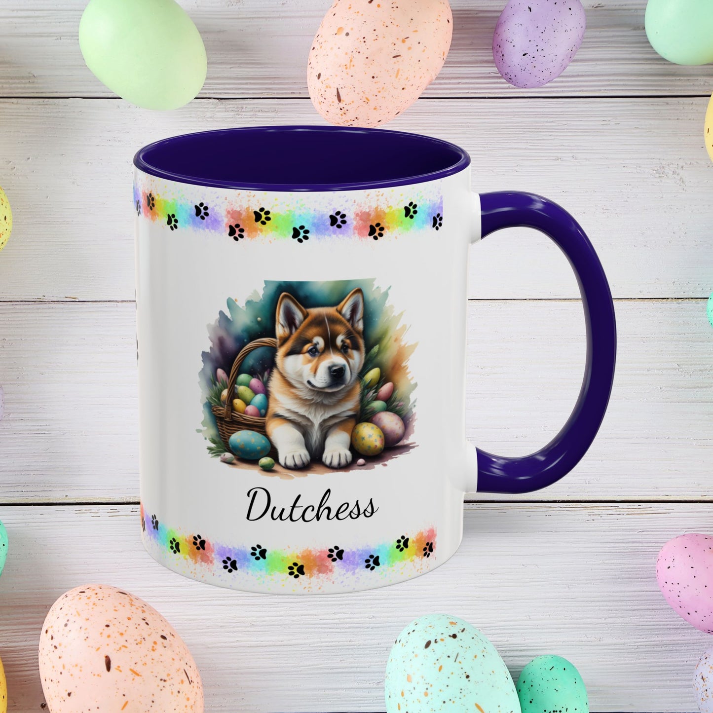 Akita personalized Easter puppy mug, cute dog coffee cup gift for mental health awareness and cozy sipping