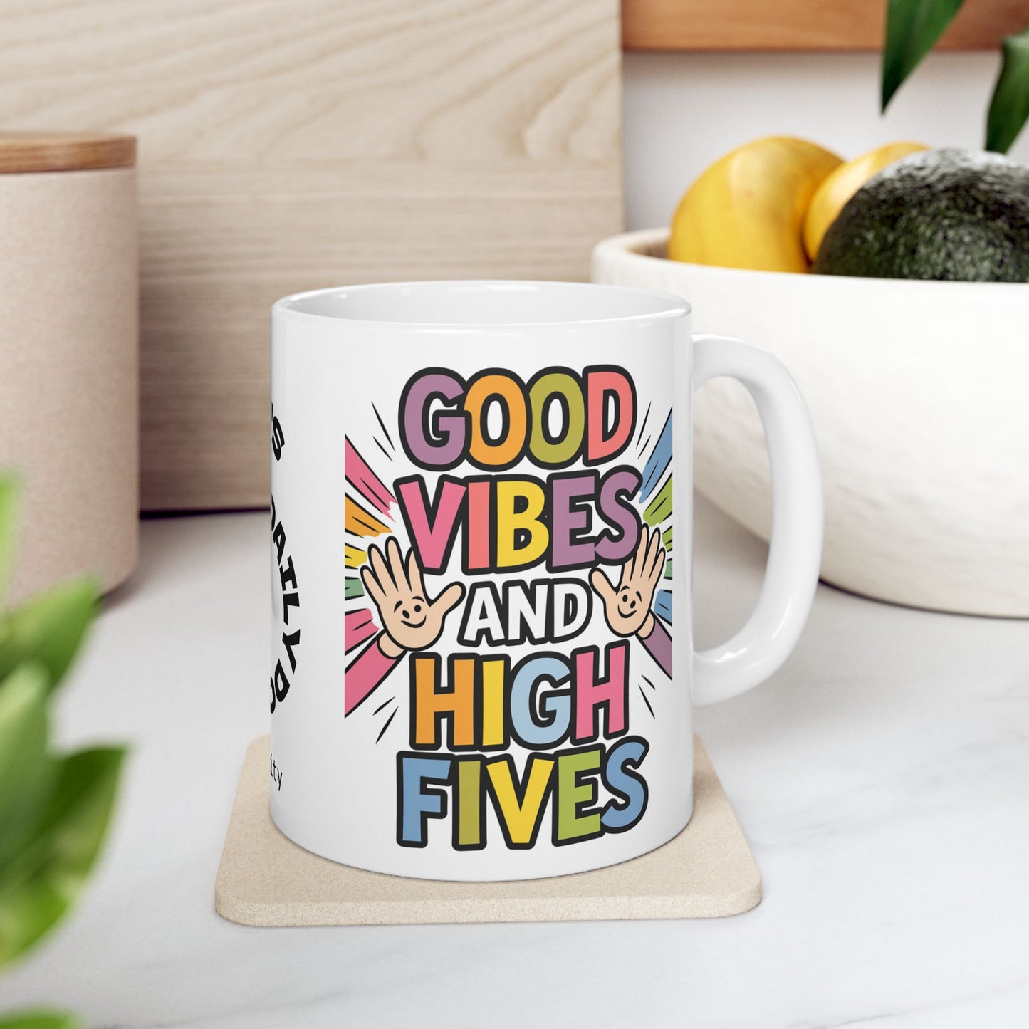"Good Vibes And High Fives" funny mental health mug, personalized ceramic cup with anxiety relief and positive affirmations.