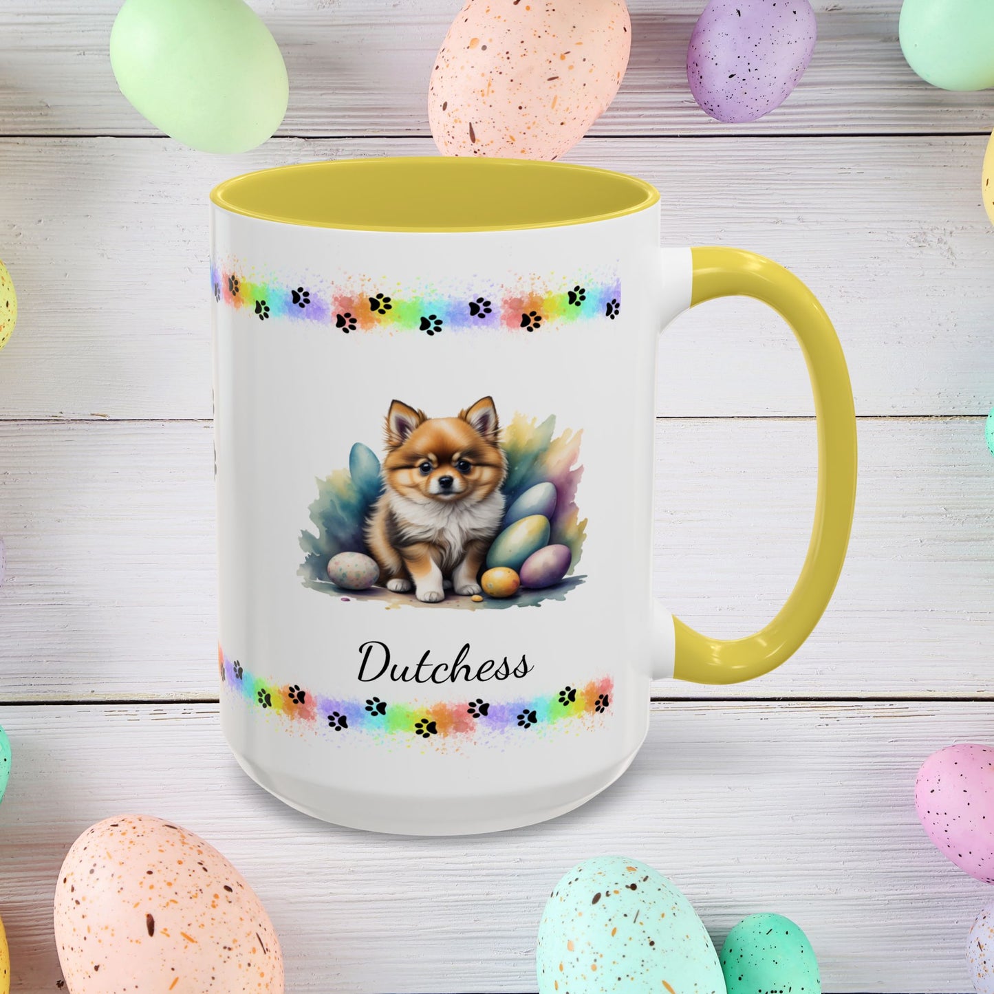 Pomeranian Cream Sable Easter puppy coffee mug, personalized cute dog gift for mental health awareness and comfort