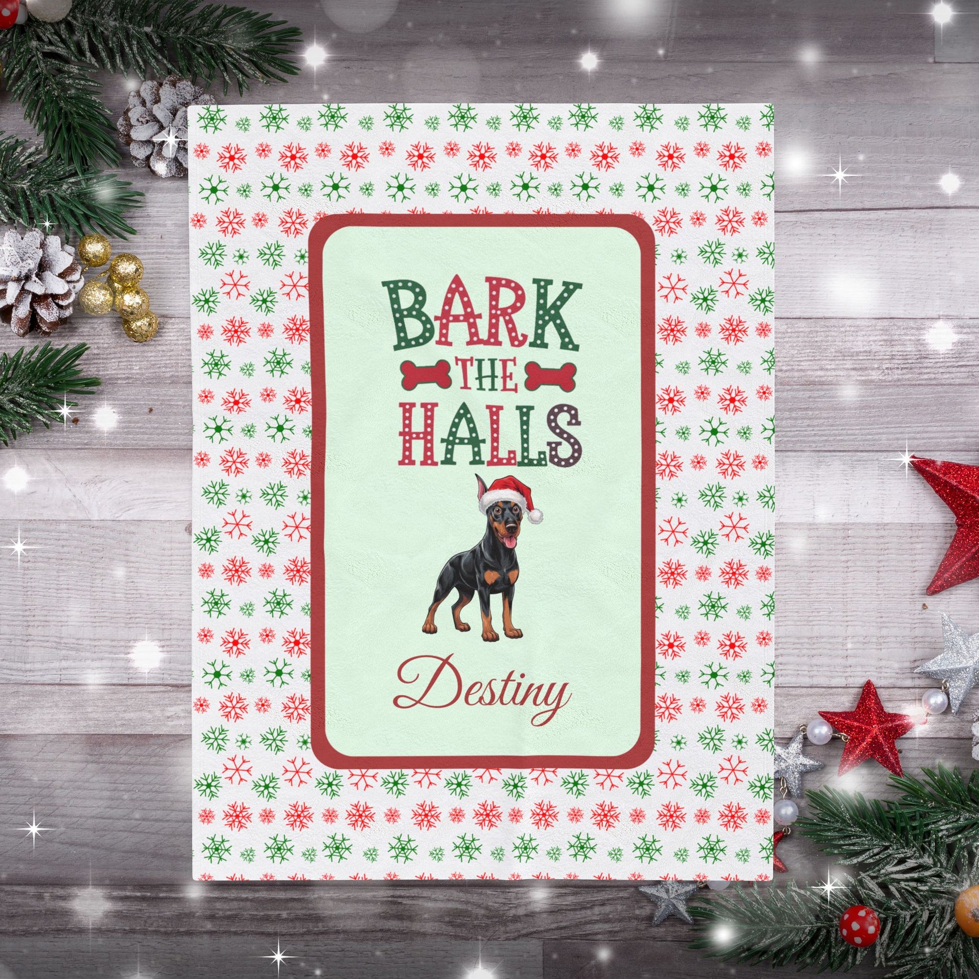 Doberman Pinscher Black and Rust velveteen blanket Bark The Halls cozy holiday gift for Doberman moms and dog dads