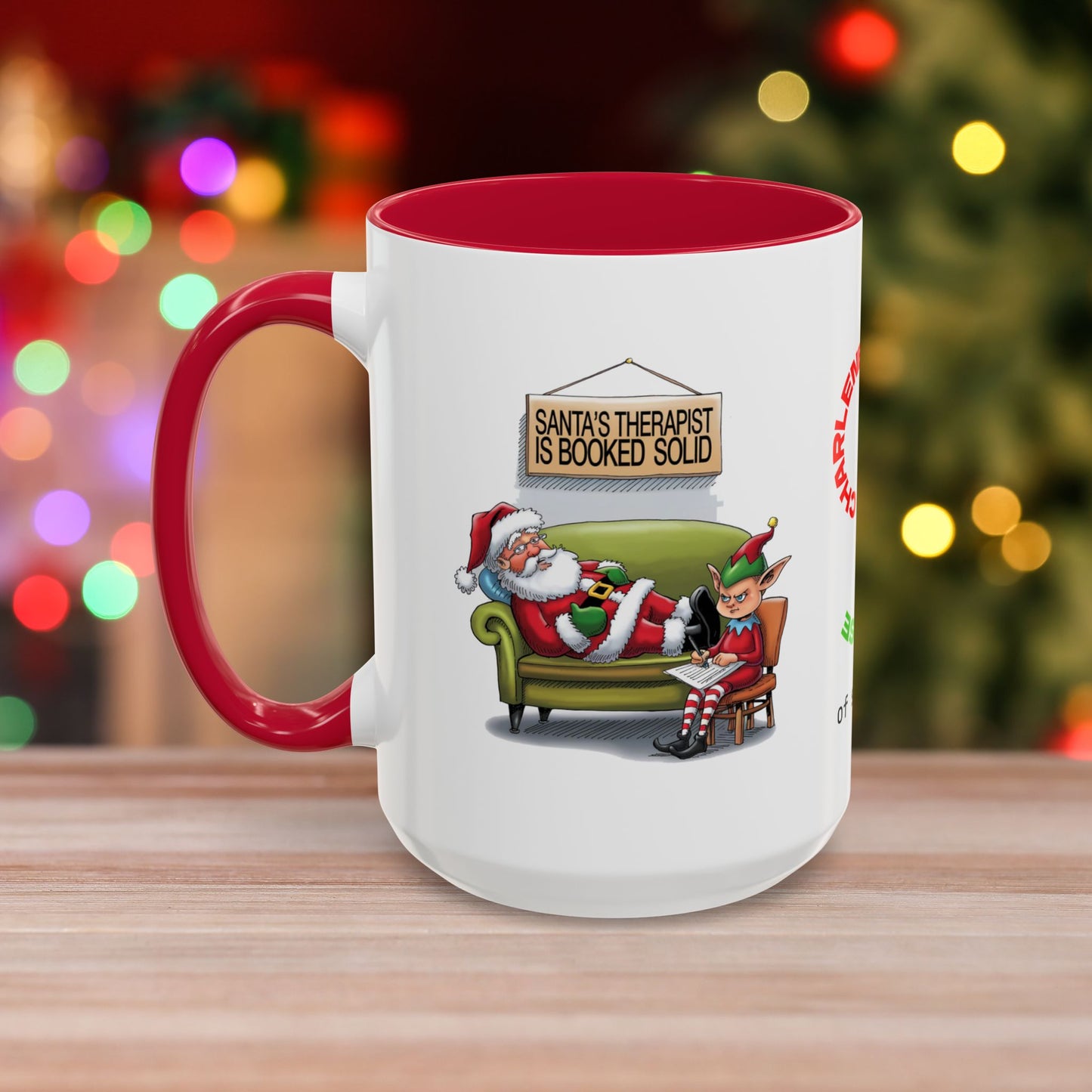 Santa's Therapist Is Booked Solid – Christmas Mug with Humorous Design and Accent Color
