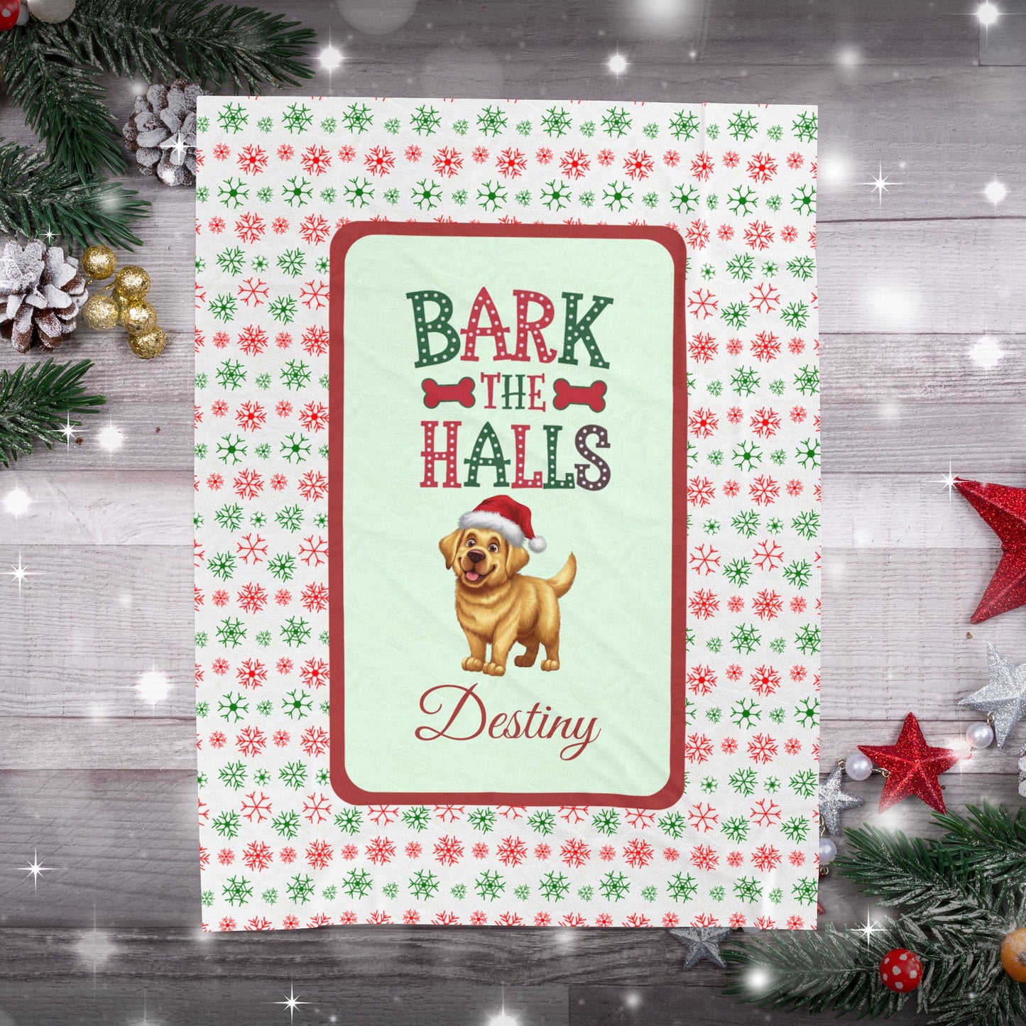 Labrador Retriever (Yellow) Personalized Velveteen Plush Blanket - "Bark The Halls" | Cozy Holiday Gift for Dog Lovers