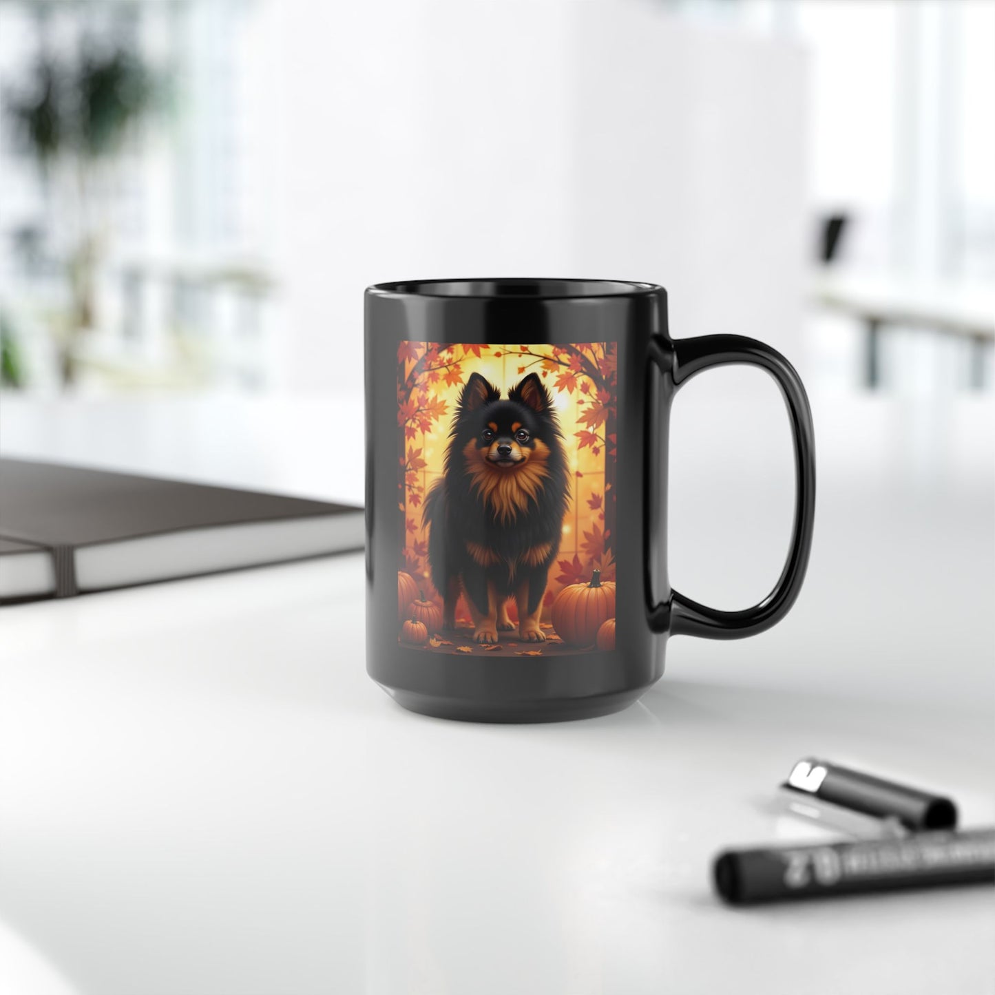 Black & Tan Pomeranian autumn coffee mug, personalized dog lover gift for cozy fall sipping