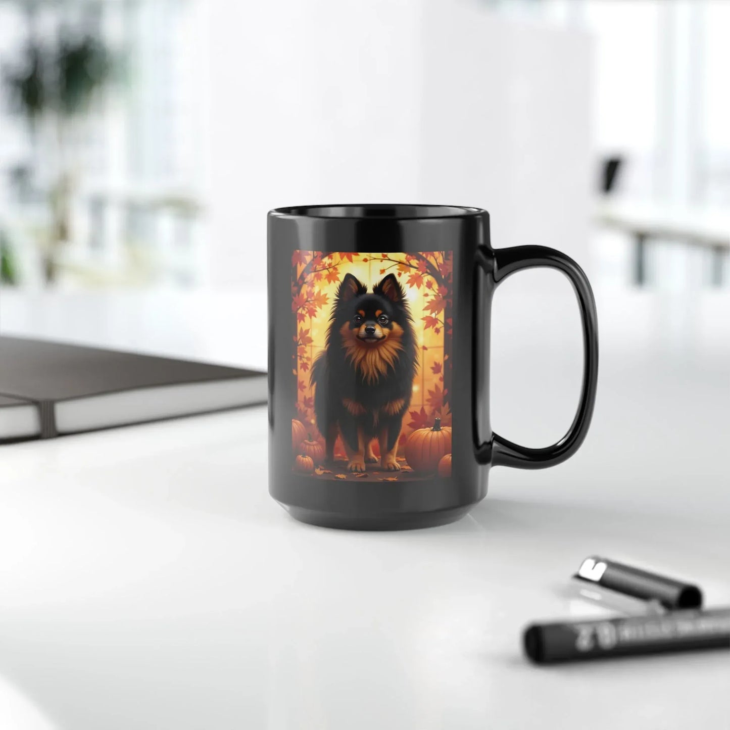 Shop our premium black tan pomeranian autumn black mug from MySisterIsASurvivor.