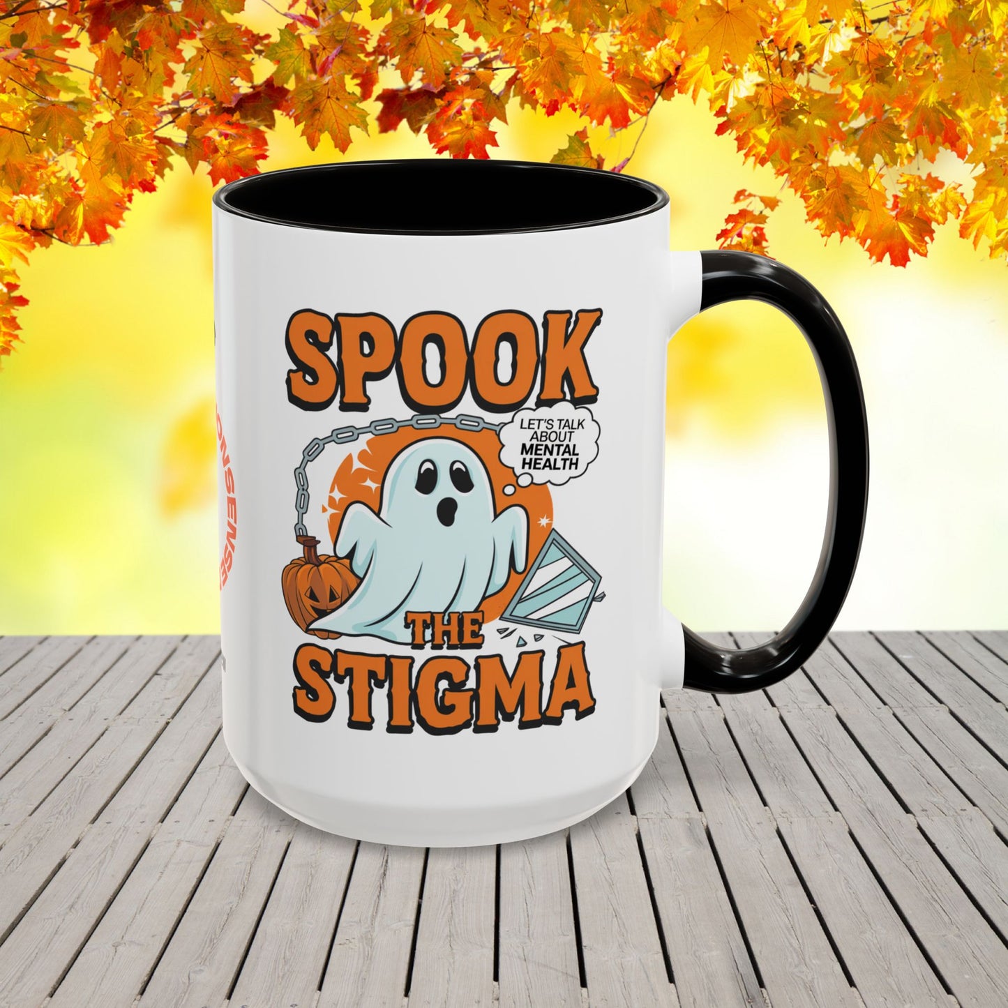 Bold Halloween mug with “Spook the Stigma” message, great for mental health awareness and fighting stigma
