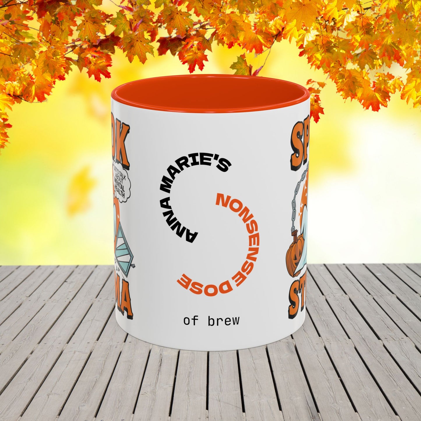 Bold Halloween mug with “Spook the Stigma” message, great for mental health awareness and fighting stigma