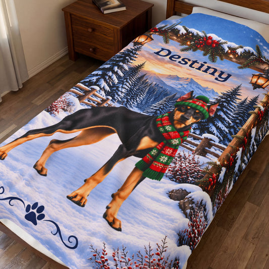 Doberman (Black & Tan Coat) - Personalized Winter Blanket, Evergreen Arch Velveteen Throw