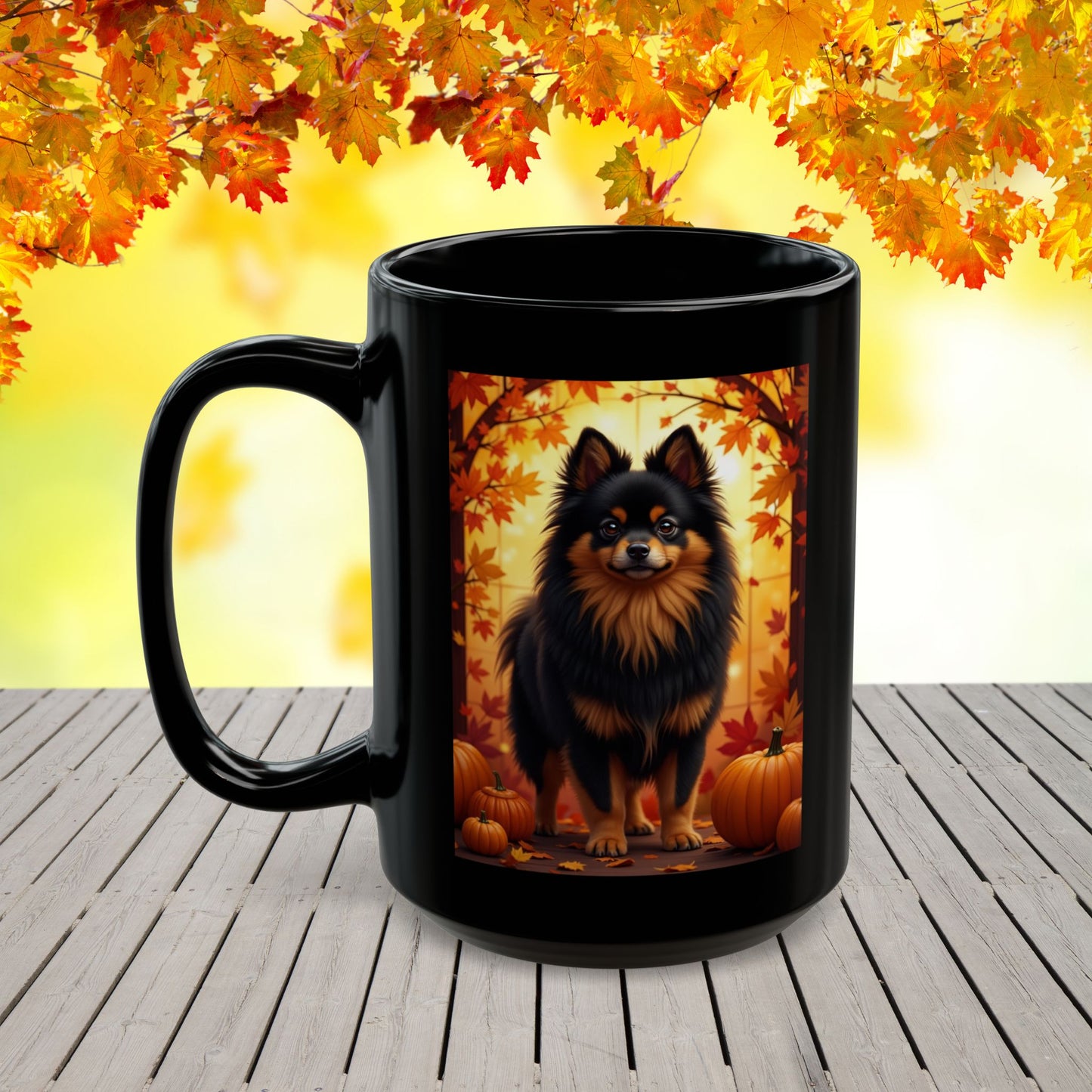 Black & Tan Pomeranian autumn coffee mug, personalized dog lover gift for cozy fall sipping