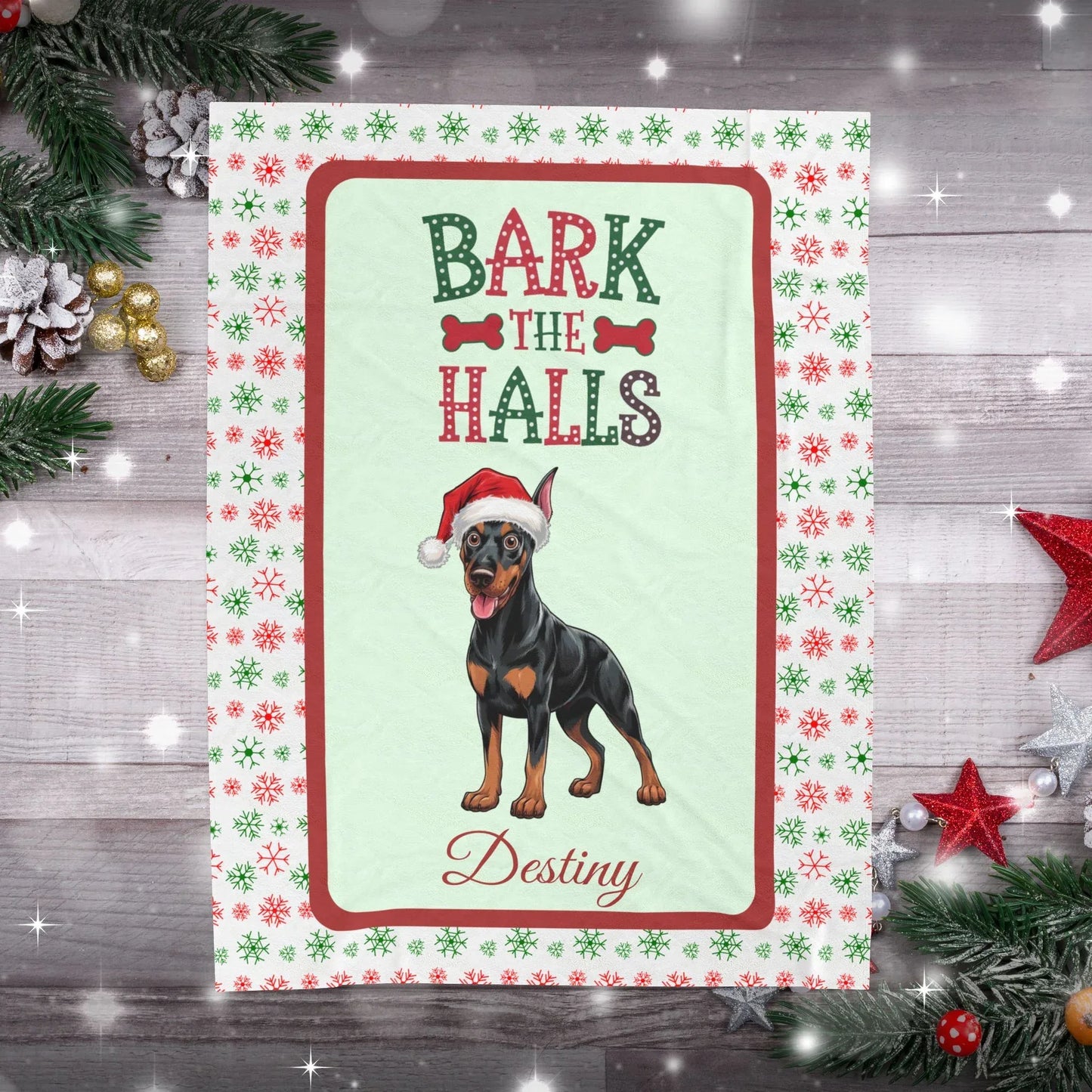 Shop our premium personalized doberman pinscher black rust velveteen plush blanket bark the halls from MySisterIsASurvivor.