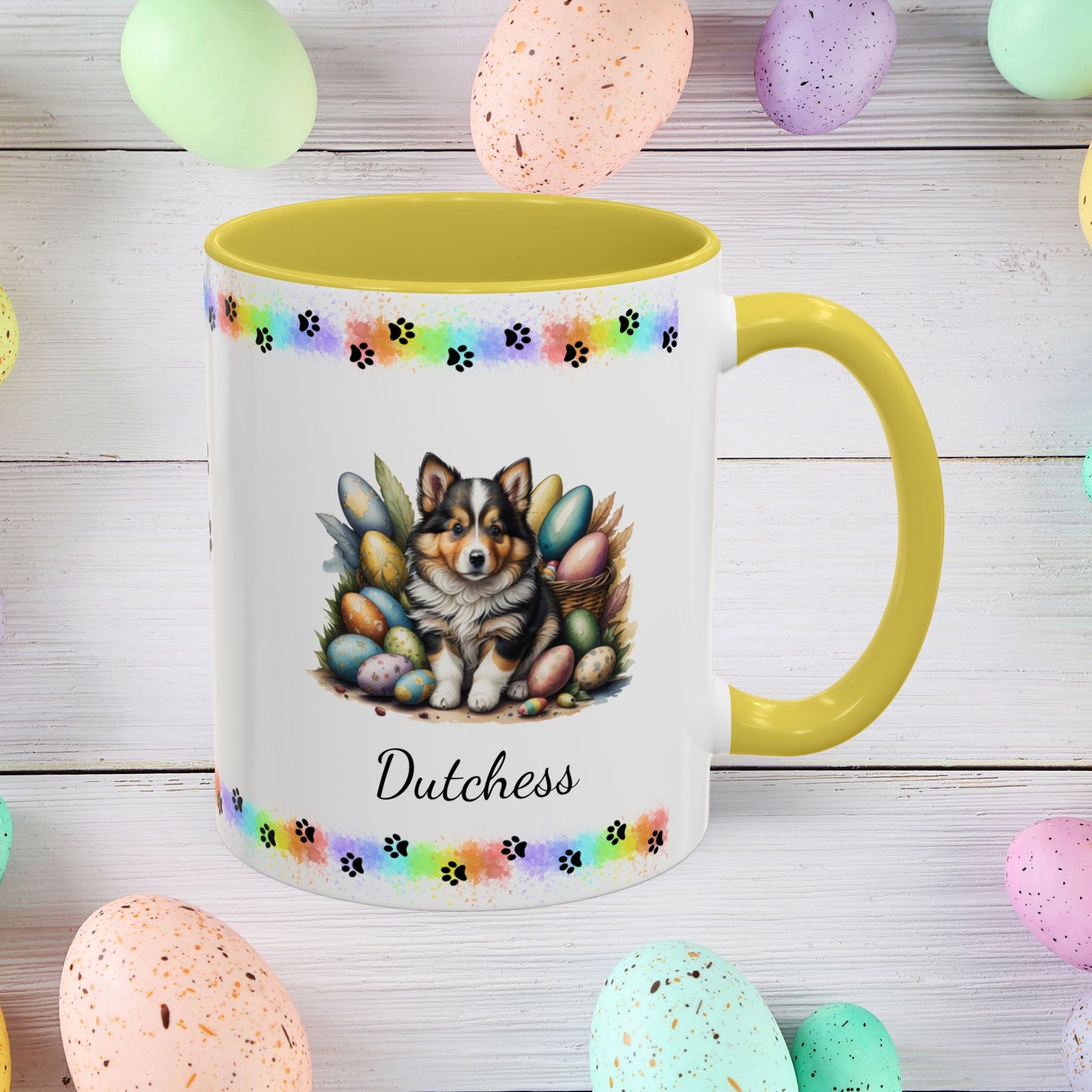Shetland Sheepdog Easter puppy coffee mug personalized cute dog design, great for mindful mornings and Easter décor.