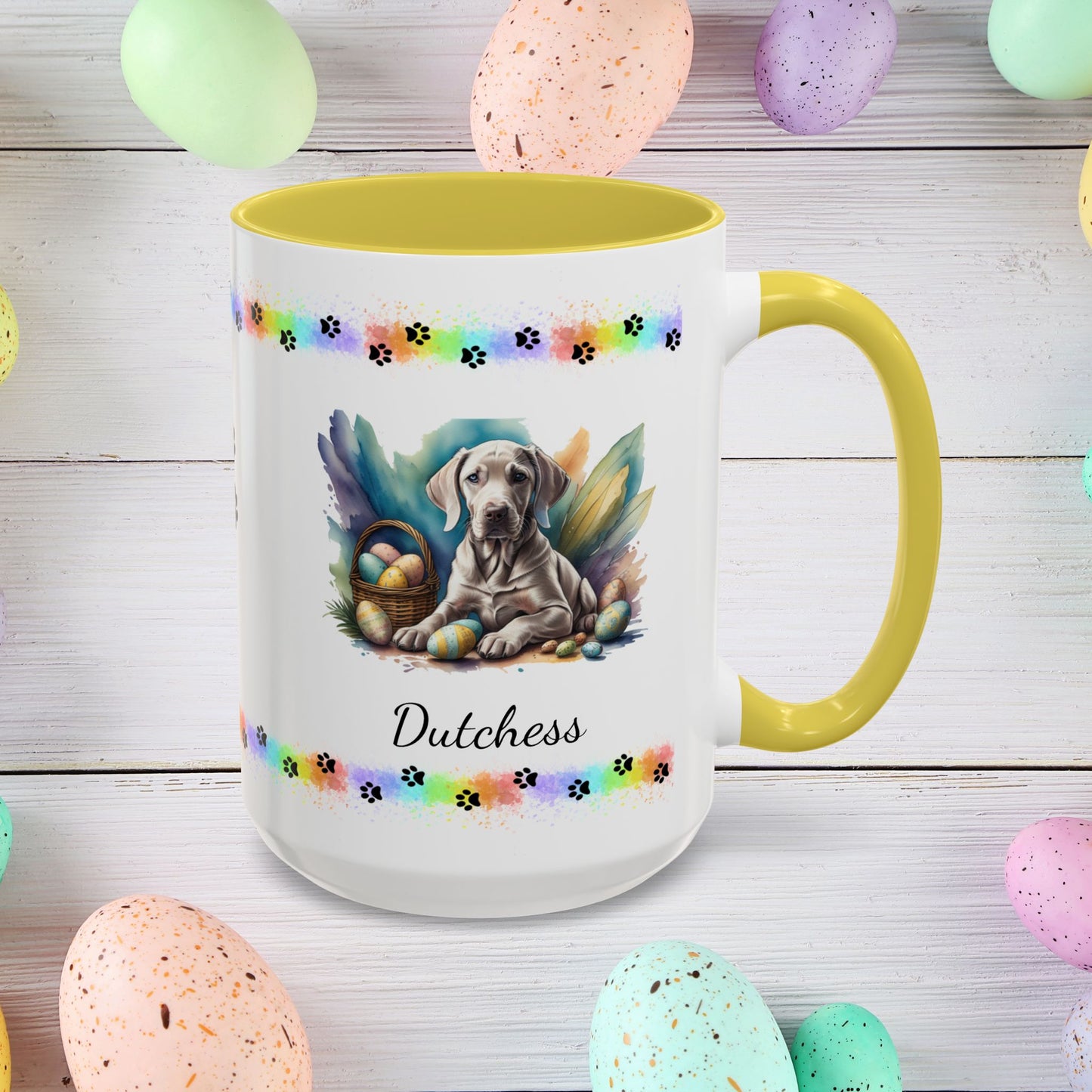 Weimaraner taupe Easter puppy coffee mug personalized dog design, ideal for promoting calm, comfort, and spring cheer.